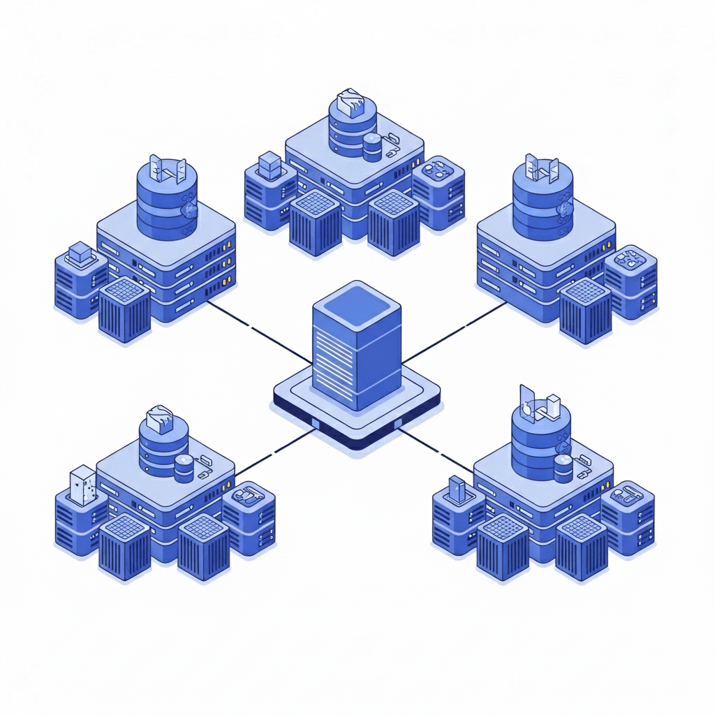 Modern software development infrastructure showing multiple isolated container environments running in parallel, each represented by a separate containerized stack with its own database, application server, and dependencies. Clean, technical illustration with a bright, optimistic color palette featuring blues and purples. Isometric view showing three or four independent environment clusters, each self-contained and separated from others, connected to a central code repository. Minimalist, professional design with geometric shapes representing servers, databases, and containers.