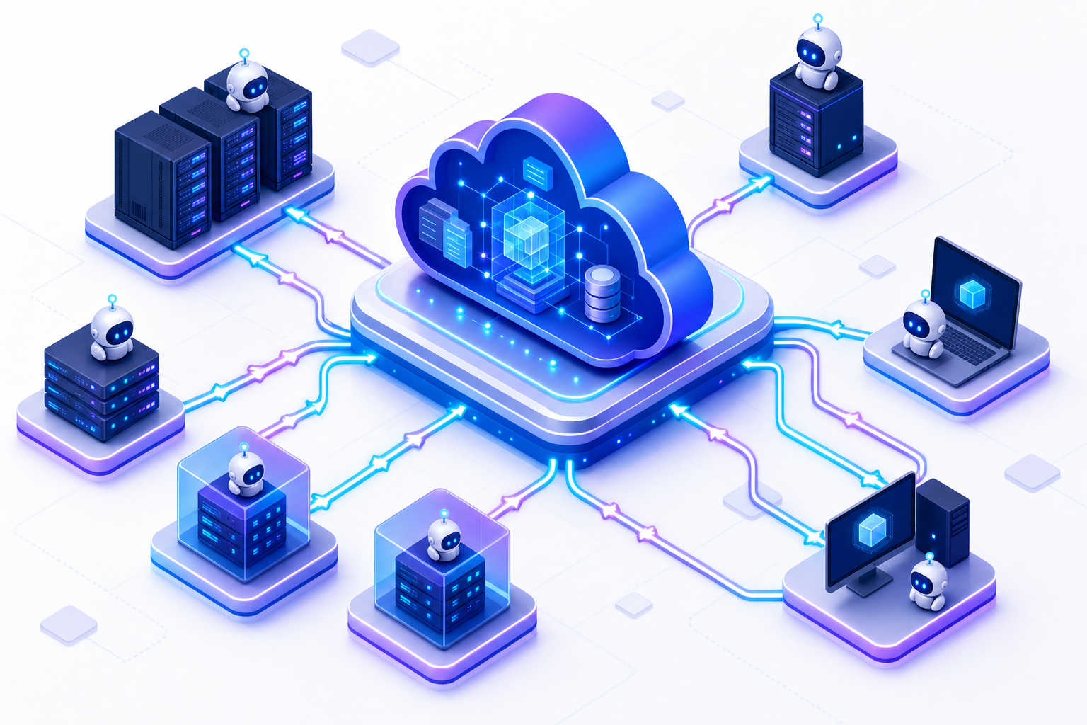 Modern cloud infrastructure diagram showing lightweight software agents running on distributed servers and virtual machines, connected via network lines to a central cloud service platform, with data flowing bidirectionally between endpoints and the cloud, technical illustration style, clean and minimal design with blue and purple gradients, isometric perspective