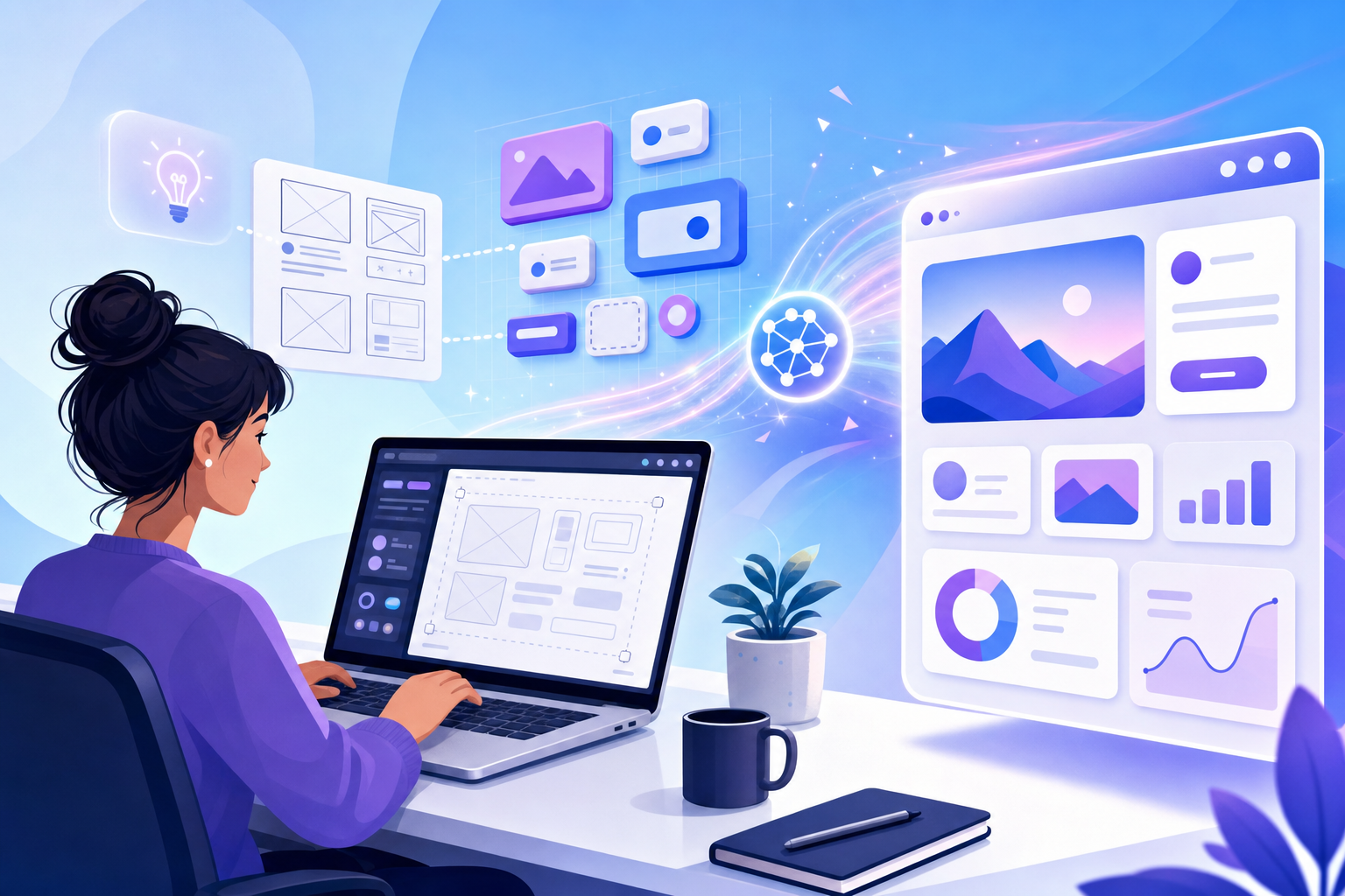 A clean, modern illustration of an AI prototyping workflow showing a designer or product manager working at a laptop with abstract UI elements, component blocks, and wireframe screens flowing from the screen into a polished interface. Use a bright, optimistic color palette with blues and purples. The scene should convey rapid iteration and transformation from concept to prototype. No text or letters should appear in the image.