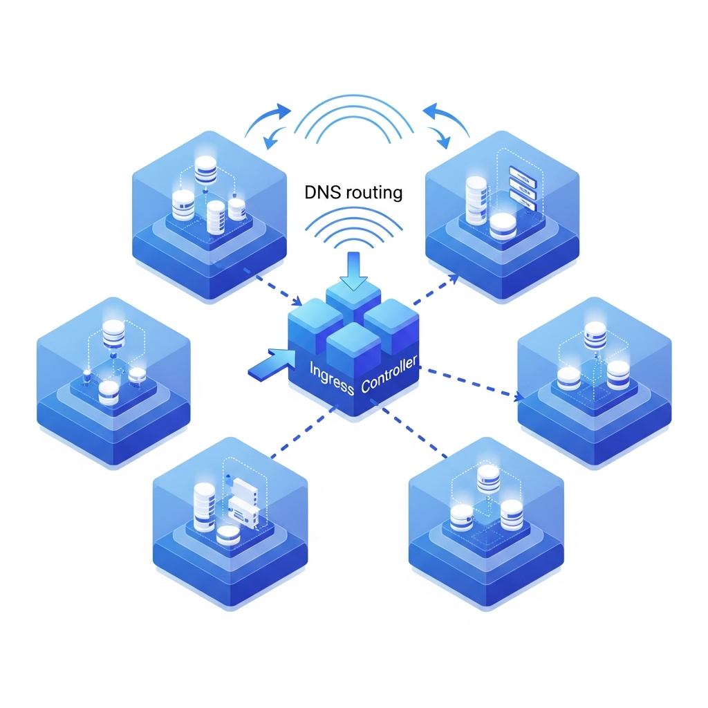 A clean technical diagram showing Kubernetes preview environment architecture with multiple isolated namespaces, each containing application containers and services, connected through an ingress controller with DNS routing, illustrated in a modern isometric style with blue and purple gradients, no text or labels