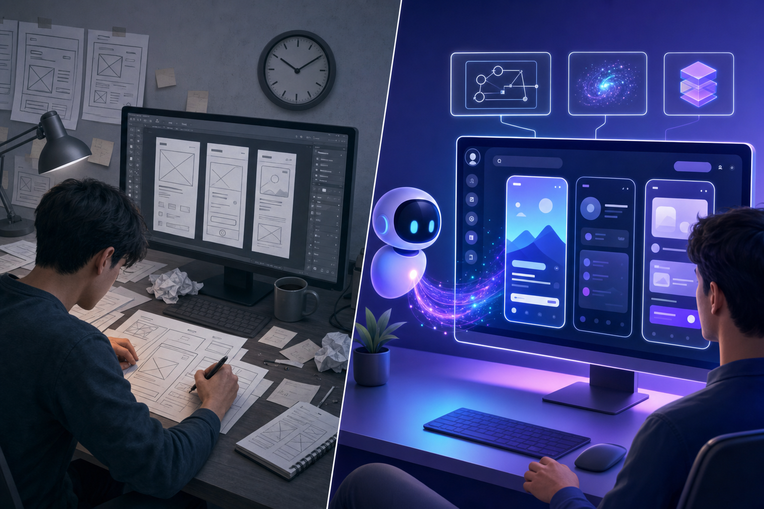 A modern split-screen illustration showing two contrasting workflows: on the left side, a traditional prototyping process with someone manually drawing wireframes and static mockups on paper and design software looking tedious and time-consuming; on the right side, an AI-powered prototyping workflow showing a clean interface with an AI assistant instantly generating interactive, polished prototypes on a screen. Use a clean, professional tech illustration style with a blue and purple gradient color scheme. No text or words in the image.