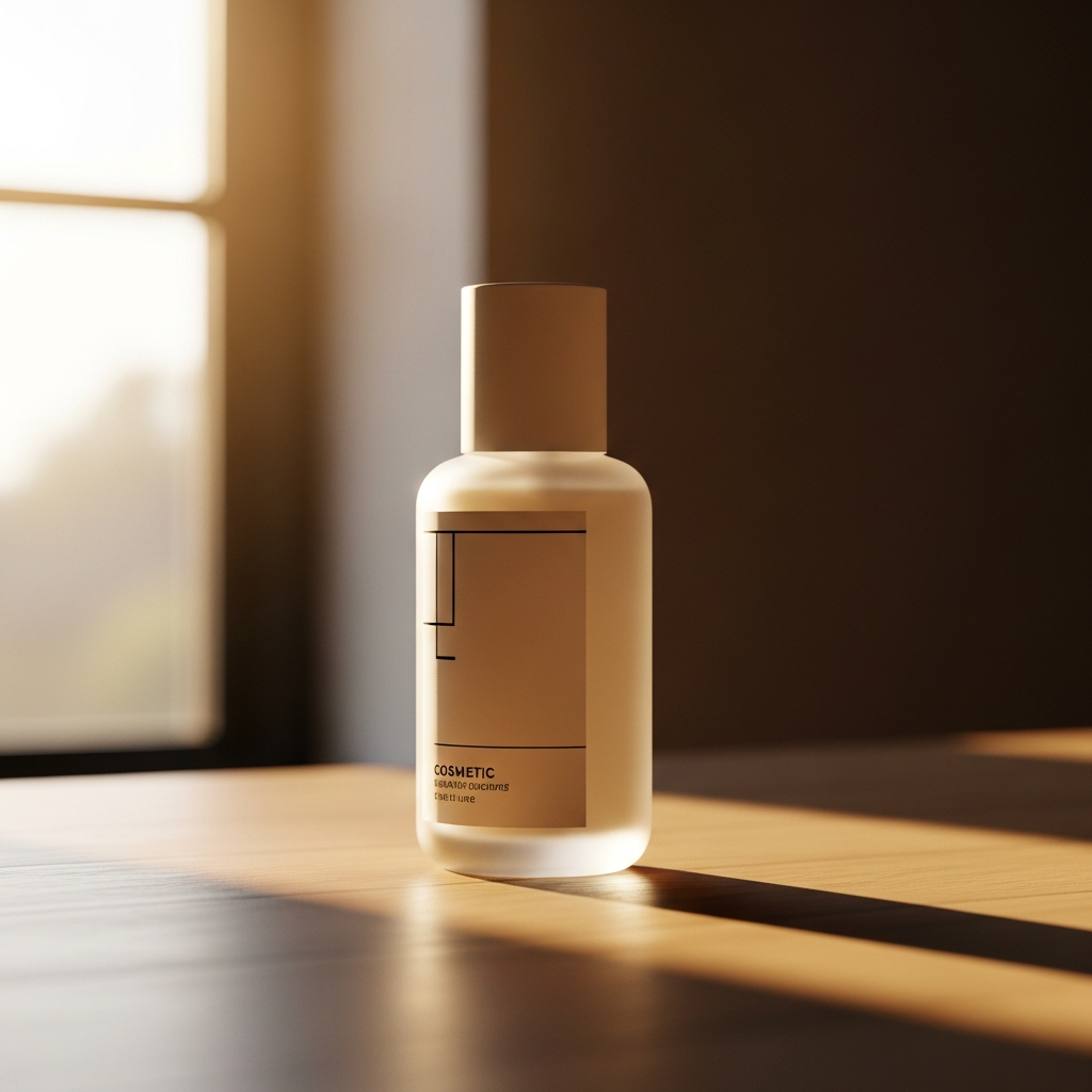 Modern product photography setup showing a sleek cosmetic bottle on a clean wooden surface with soft morning light streaming through a window, professional studio quality lighting, minimalist aesthetic, warm natural tones, shallow depth of field, photorealistic rendering