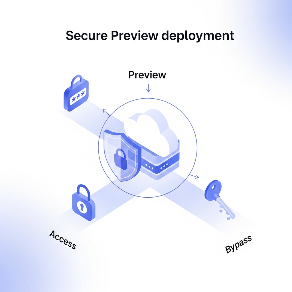 A modern technical illustration showing a secure preview deployment workflow. In the center, a preview environment represented by a cloud or staging server with a protective shield or lock icon around it. Show three access paths: one with a password lock icon, one with a user authentication login symbol, and one with a bypass key or special access token. Use a clean, minimal design with soft gradients in blues and purples. Modern, professional tech illustration style with depth and dimension showing security layers protecting a deployment.