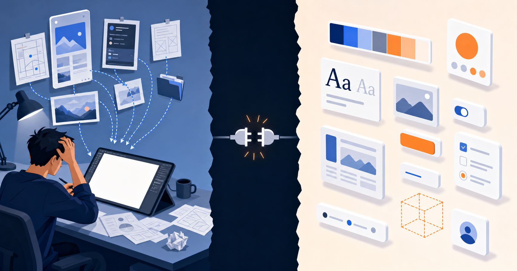 A split visualization showing two contrasting workflows: on the left, a designer frustrated while manually recreating design elements from screenshots and scattered files with arrows pointing to a blank canvas; on the right, disconnected floating elements like color swatches, typography samples, and UI components that aren't connected to anything. The middle shows a gap or disconnect symbol. Use a clean, modern illustration style with blues, grays, and oranges to convey the frustration of starting from scratch. Professional tech aesthetic, isometric or flat design style.