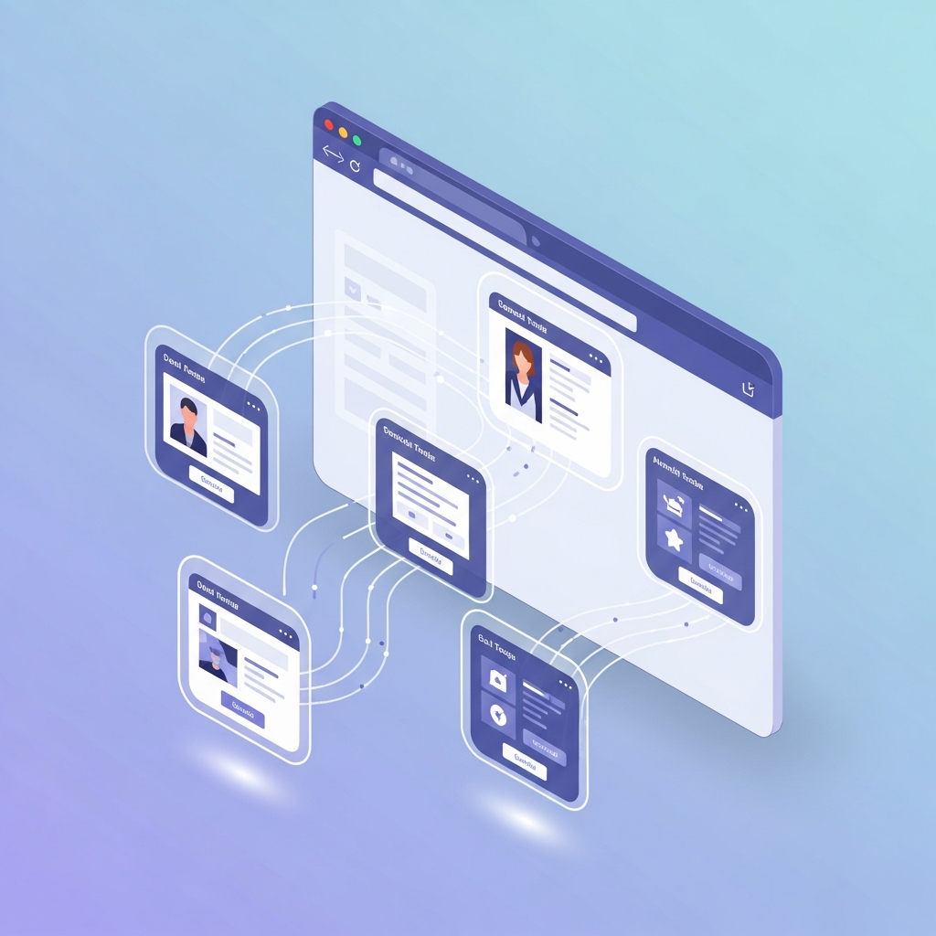 Modern web browser interface showing multiple floating sandbox environments, each displaying different UI variations of the same product interface, connected by flowing lines suggesting parallel experimentation, clean minimalist design, soft blue and purple gradients, isometric perspective, tech-forward aesthetic, professional product illustration