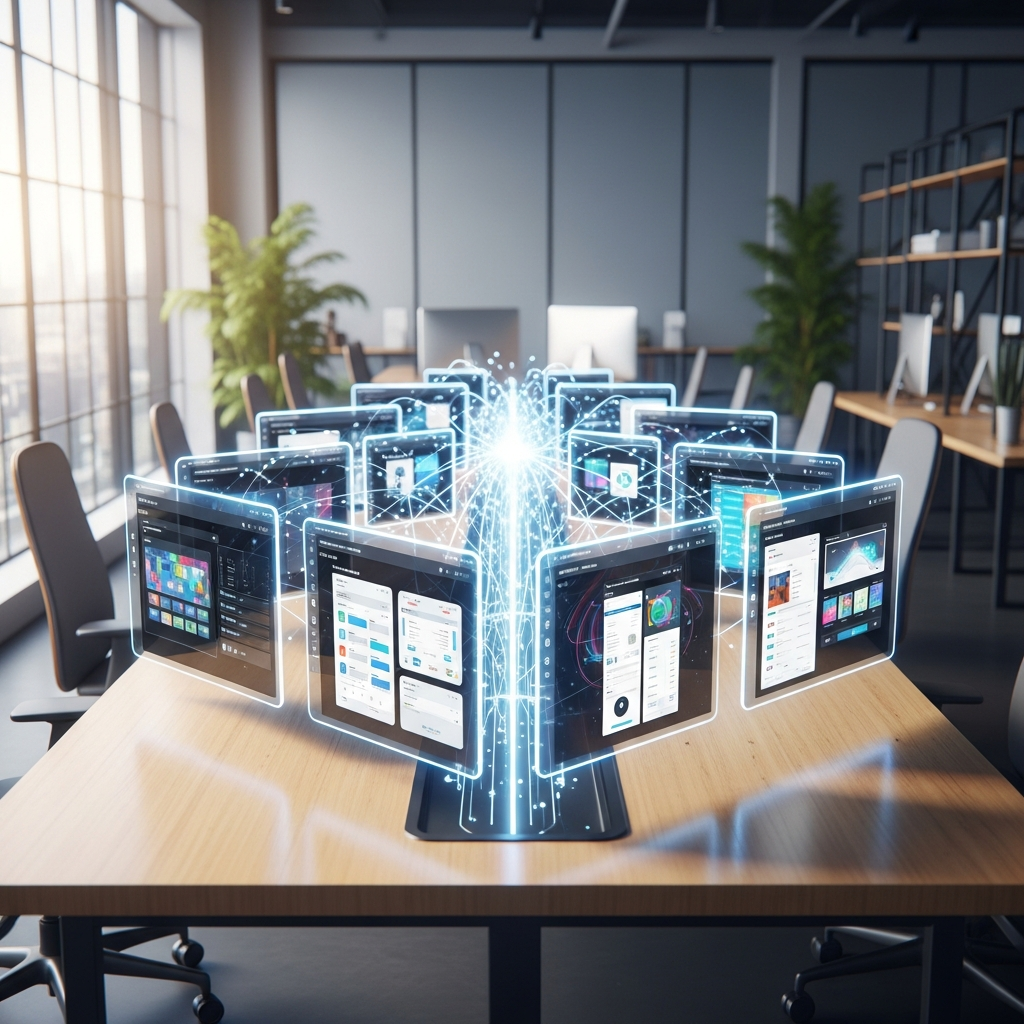 A clean modern workspace showing multiple floating screens or product interface windows arranged in parallel, each displaying different variations of the same feature or design, connected by flowing lines suggesting simultaneous testing, bright optimistic lighting, tech workspace aesthetic, professional business setting, digital experimentation visualization, no text or words