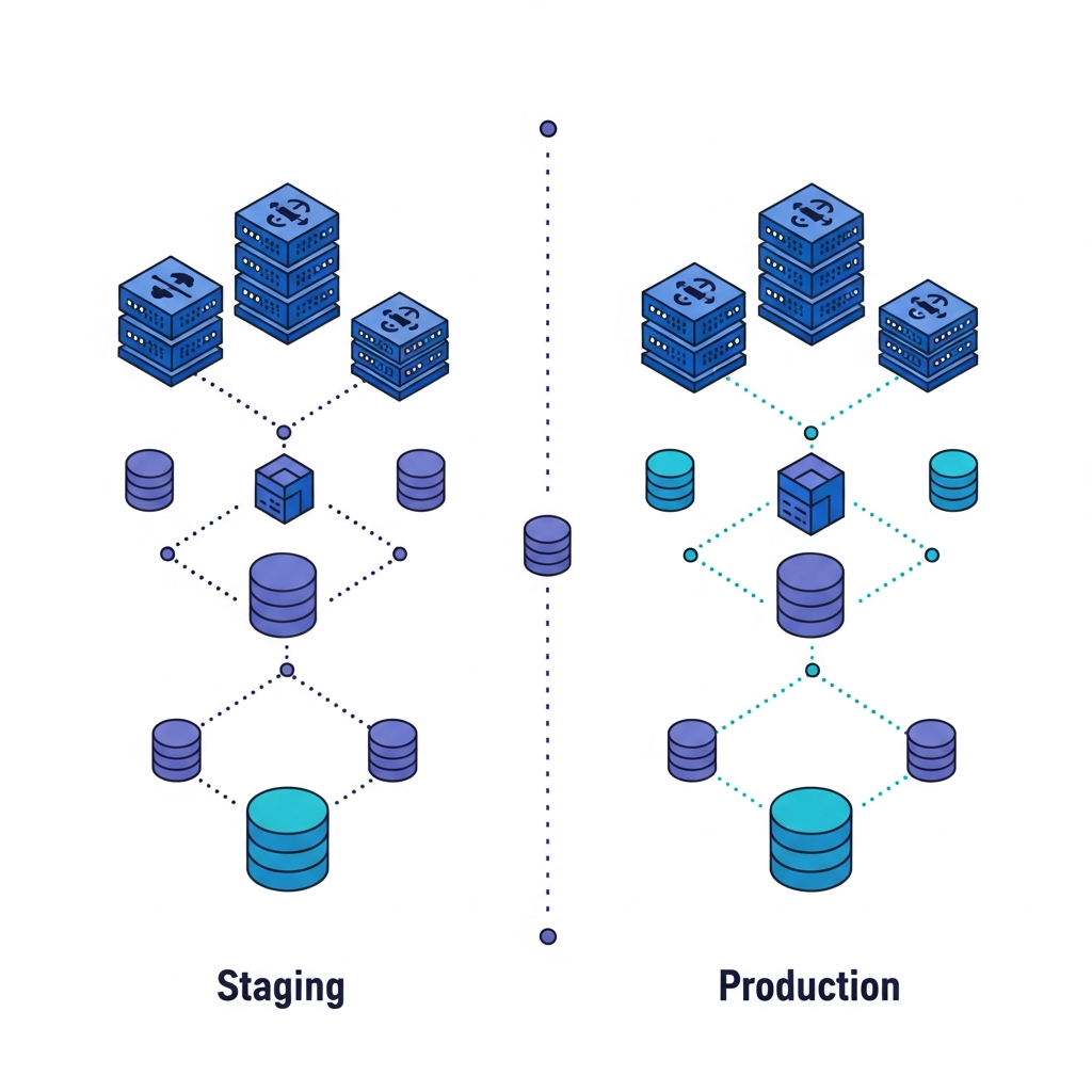 A clean, modern technical illustration showing two identical server environments side by side in mirror formation. The left environment represents staging with smaller-scale resources (fewer servers, smaller database icons) while the right represents production with full-scale resources (more servers, larger database). Both environments share the same architectural structure, configuration symbols, and network topology, connected by matching dotted lines to emphasize parity. Use a professional color palette with blues, purples, and teals. Isometric or flat design style, technical but approachable, minimalist aesthetic with clear visual symmetry between the two environments.