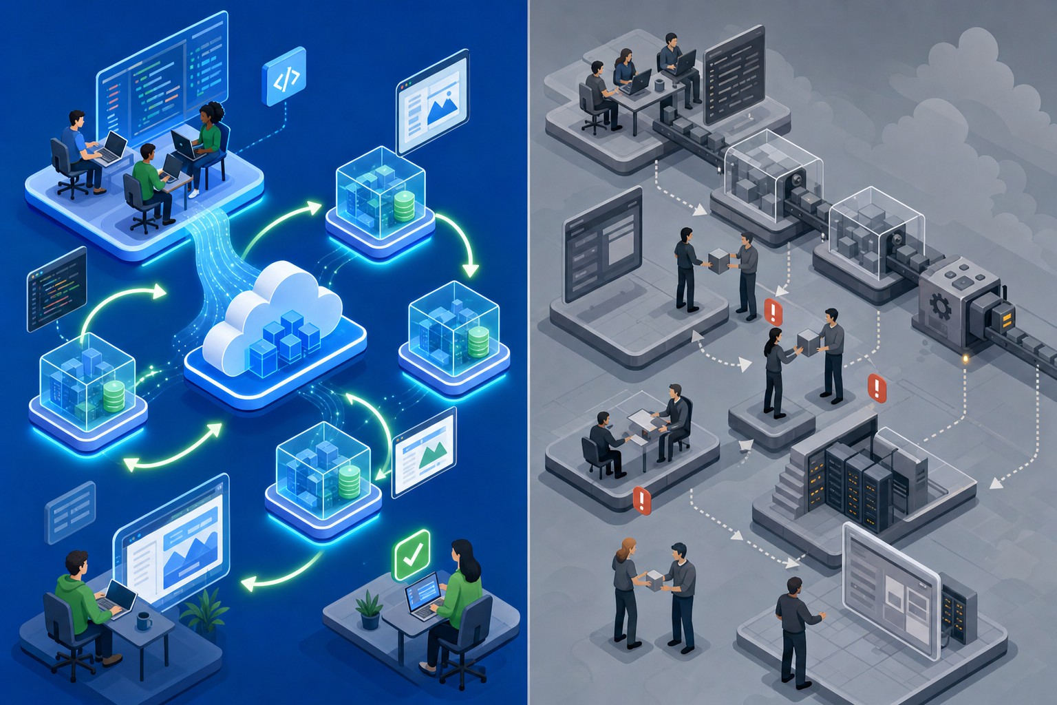 Split-screen comparison visualization showing two product development workflows side by side: left side shows a fast, streamlined cloud-based iteration cycle with floating sandbox environments, instant preview windows, and smooth flowing arrows indicating rapid feedback loops; right side shows a slower traditional workflow with build pipelines, staging environments, and multiple handoff points creating bottlenecks; clean modern tech aesthetic, isometric view, vibrant blues and greens for speed, muted grays for traditional workflow, professional illustration style, no text or letters