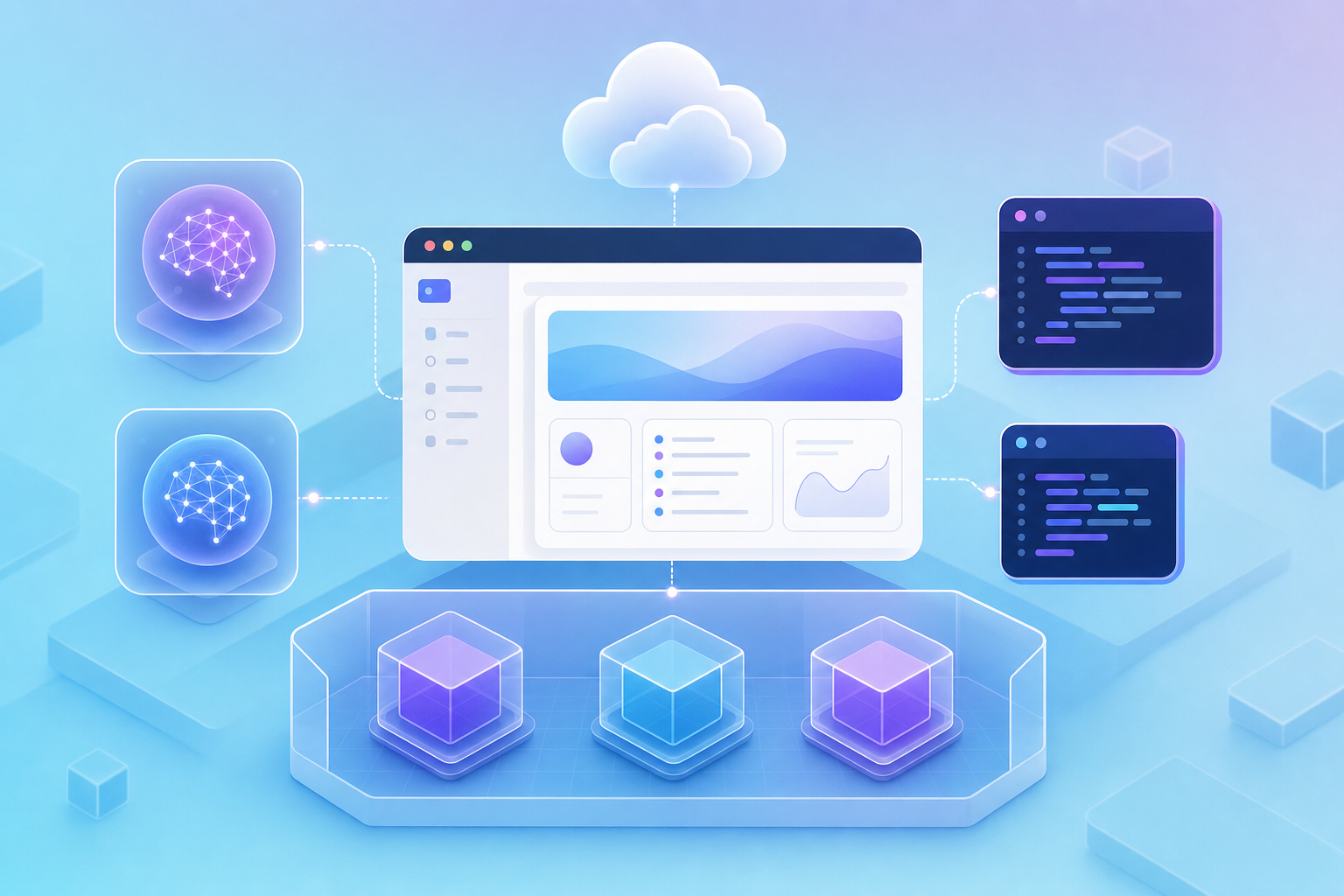 A clean, modern technical diagram showing a cloud-based development workflow. Show a browser window in the center with a web application interface, connected to floating AI nodes and code blocks in a sandbox environment. Use a soft blue and purple gradient background with geometric shapes representing isolated computing containers. The style should be minimalist, professional, and tech-forward with smooth gradients and clean lines. No text or letters.