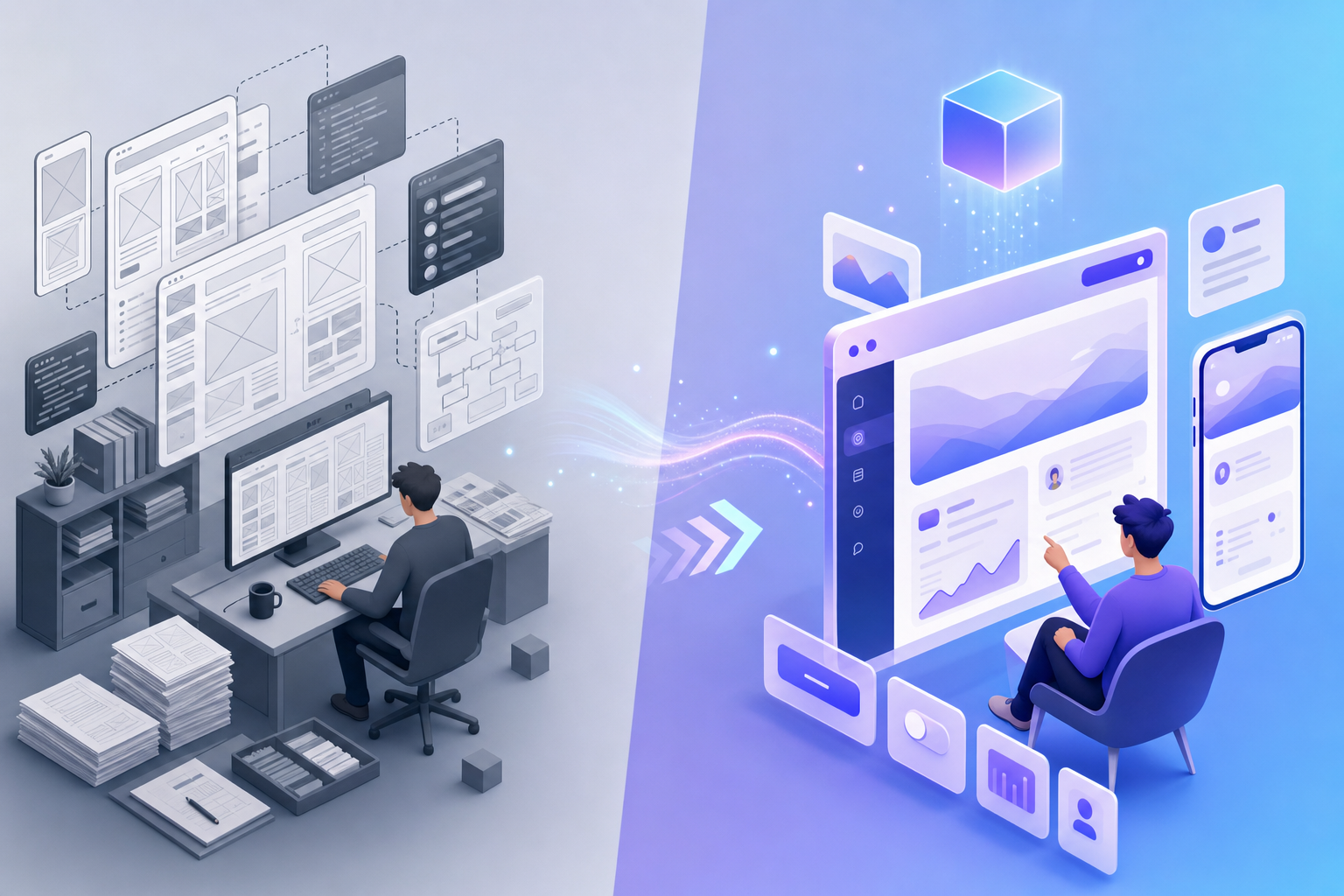 A modern, clean illustration showing the evolution of UX prototyping workflow. On one side, traditional design process with complex wireframes, component libraries, and manual work. On the other side, streamlined AI-powered process with simple text prompts transforming into polished interactive UI components. Use a gradient color scheme with blues and purples, minimalist style, isometric perspective, professional and optimistic tone.