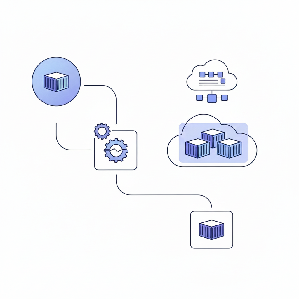 A modern technical illustration showing an automated CI/CD pipeline workflow: a pull request triggering an automated build process, spinning up an isolated container environment with a unique URL, then automatically tearing down when the PR closes. Use a clean, minimalist style with geometric shapes, soft gradients in blues and purples, flowing arrows showing the automated lifecycle from PR open to deployment to teardown. Include visual elements like containers, cloud infrastructure nodes, and branching pathways to represent isolation and automation. No text or labels.