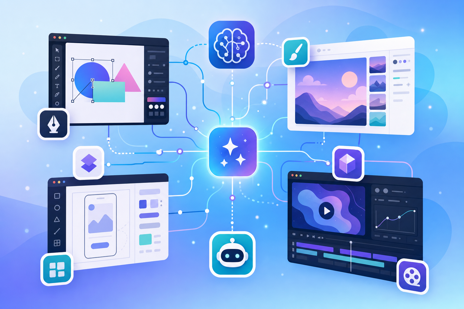 A modern, clean illustration showing an ecosystem of interconnected design and AI tools. Visualize multiple software platforms represented as sleek, floating interface windows or app icons connected by flowing lines or nodes, suggesting collaboration and workflow integration. Use a bright, optimistic color palette with blues, purples, and accents of teal. Minimalist, flat design style with a sense of connectivity and modern technology. Show abstract representations of design tools working together in harmony. No text or letters.