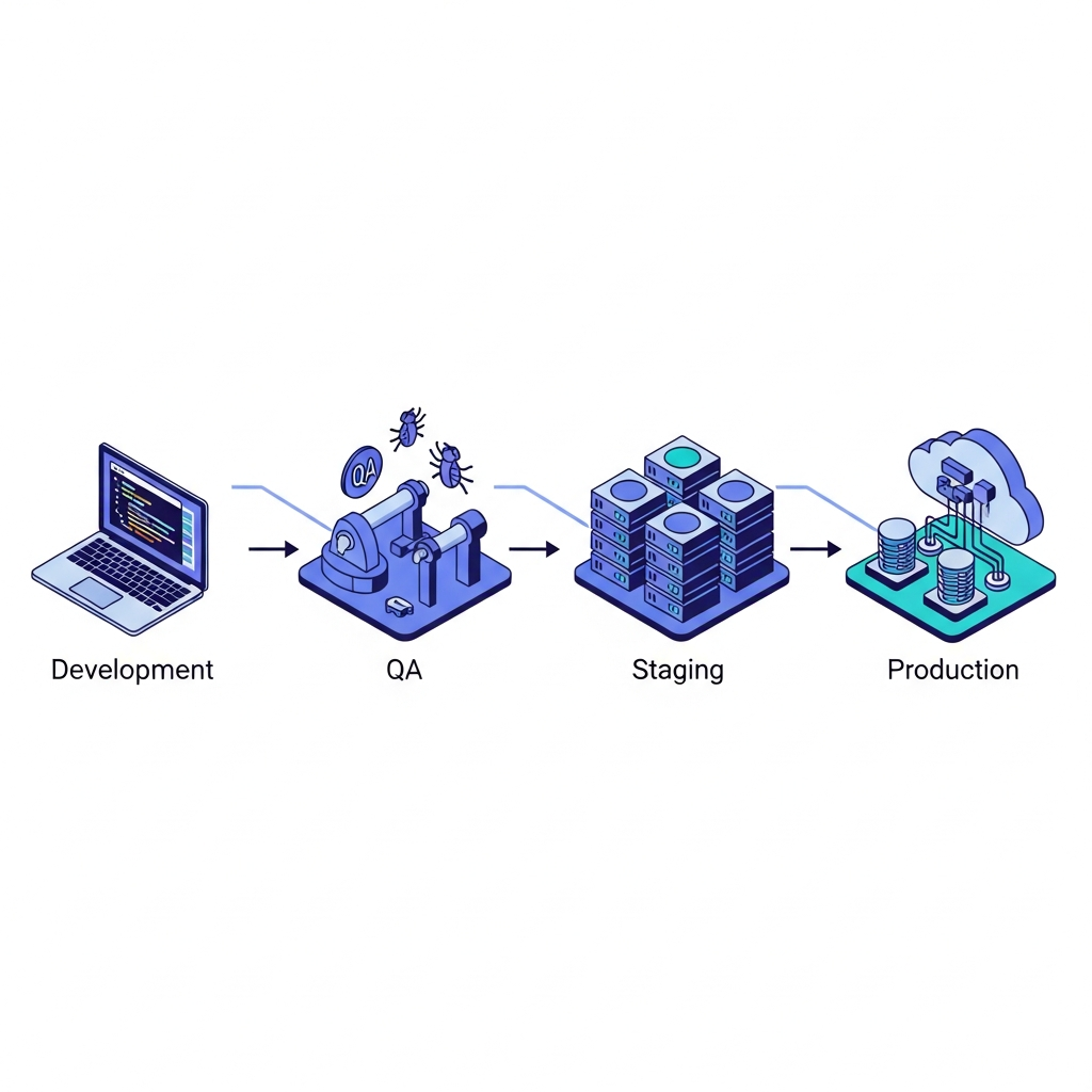 A modern, clean illustration showing a software deployment pipeline workflow with four connected stages flowing from left to right. Each stage is represented by a distinct environment: a laptop or code editor for development, testing tools or bug icons for QA, a server cluster for staging, and cloud infrastructure for production. Use a minimal, professional color palette with blues, purples, and teals. Show connection arrows or pathways between each stage. Isometric or flat design style, technical but approachable, no text or labels.