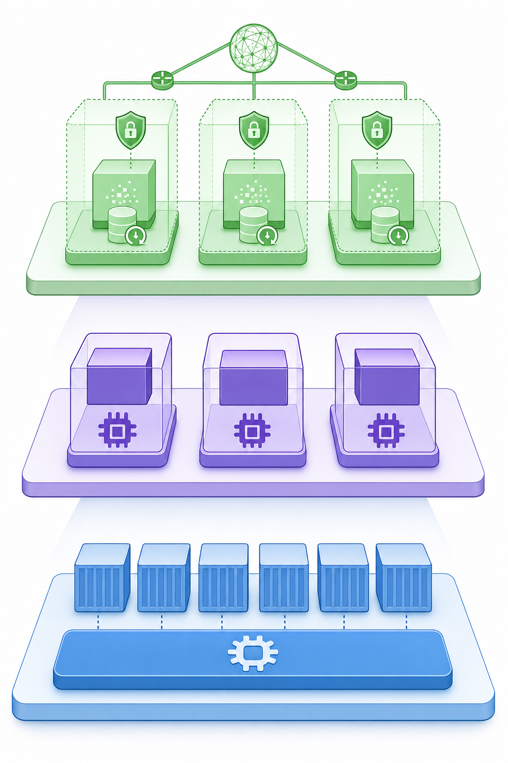 A clean, modern technical diagram showing three layers of sandbox isolation technology stacked vertically. Bottom layer shows containers with shared kernel architecture in blue tones. Middle layer displays microVMs with individual isolated kernels in purple tones. Top layer illustrates advanced isolation with encrypted snapshots and network namespacing in green tones. Each layer progressively more secure and isolated. Minimalist, professional style with geometric shapes, no text or labels.