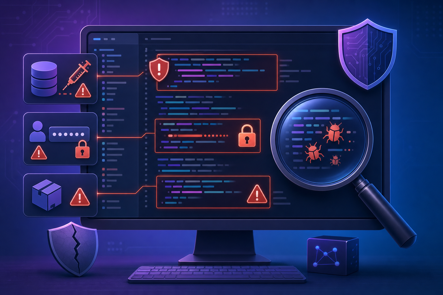 A modern, clean illustration showing security vulnerabilities in AI-generated code: a computer screen displaying code with highlighted security issues like SQL injection vulnerabilities, hardcoded credentials, and outdated dependencies. Visual elements include warning shields, caution symbols, and vulnerability indicators overlaid on code snippets. Include a magnifying glass revealing hidden security flaws. Use a purple and blue gradient color scheme with red/orange warning accents. Tech-forward, professional style with a sense of caution and vigilance.