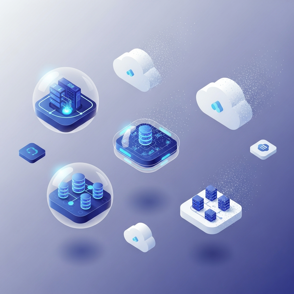 A modern, clean illustration showing multiple isolated cloud environment bubbles or containers floating in space, some appearing solid and active with glowing elements, others fading away or disappearing with particle effects to represent their temporary nature. Each bubble contains abstract representations of software infrastructure like servers, databases, and network connections. Use a tech-forward color palette with blues, purples, and whites against a subtle gradient background. The composition should convey the concept of temporary, on-demand instances that automatically spin up and disappear, emphasizing isolation and automation. Isometric or 3D style with soft shadows and modern lighting.