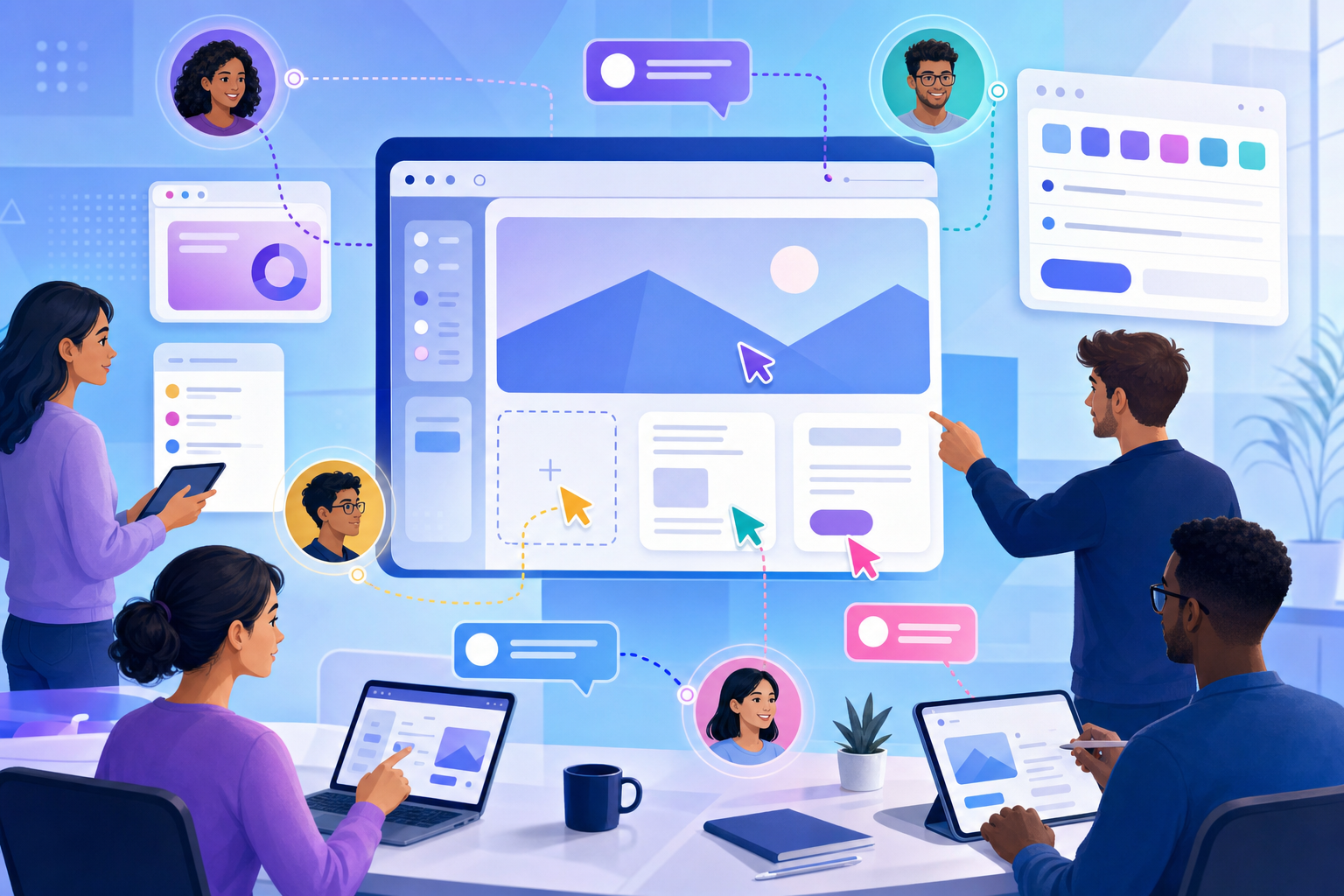 A modern, collaborative workspace showing multiple team members working together on a web-based interface. Display floating browser windows with interactive UI elements, comment bubbles, and cursor icons representing different users. Use a bright, energetic color palette with blues and purples. Show connection lines between user avatars and interface elements to represent real-time collaboration. The style should be clean, minimalist, and tech-forward with soft gradients and geometric shapes representing seamless teamwork.