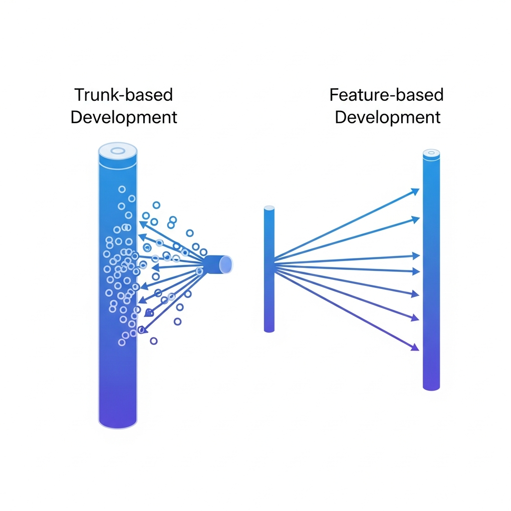 A technical diagram showing two parallel git workflow visualizations side by side: on the left, trunk-based development with a single main branch and multiple small commits merging directly into it within short timeframes shown by arrows, on the right, feature-based development with long-lived branches diverging from main and merging back after extended periods, illustrated in a clean modern style with blue and purple gradients, isometric view, showing the contrast between frequent small merges versus infrequent large merges