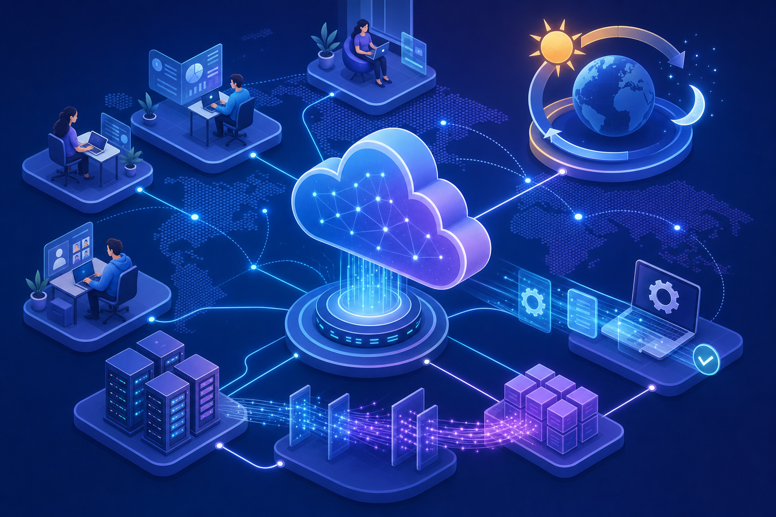 Abstract visualization of cloud computing benefits showing connected nodes, distributed teams collaborating across globe, 24/7 uptime symbol with sun and moon cycle, automatic updates flowing seamlessly, parallel processing streams, modern tech illustration style with blue and purple gradients, clean minimalist design, isometric perspective showing global connectivity and continuous availability