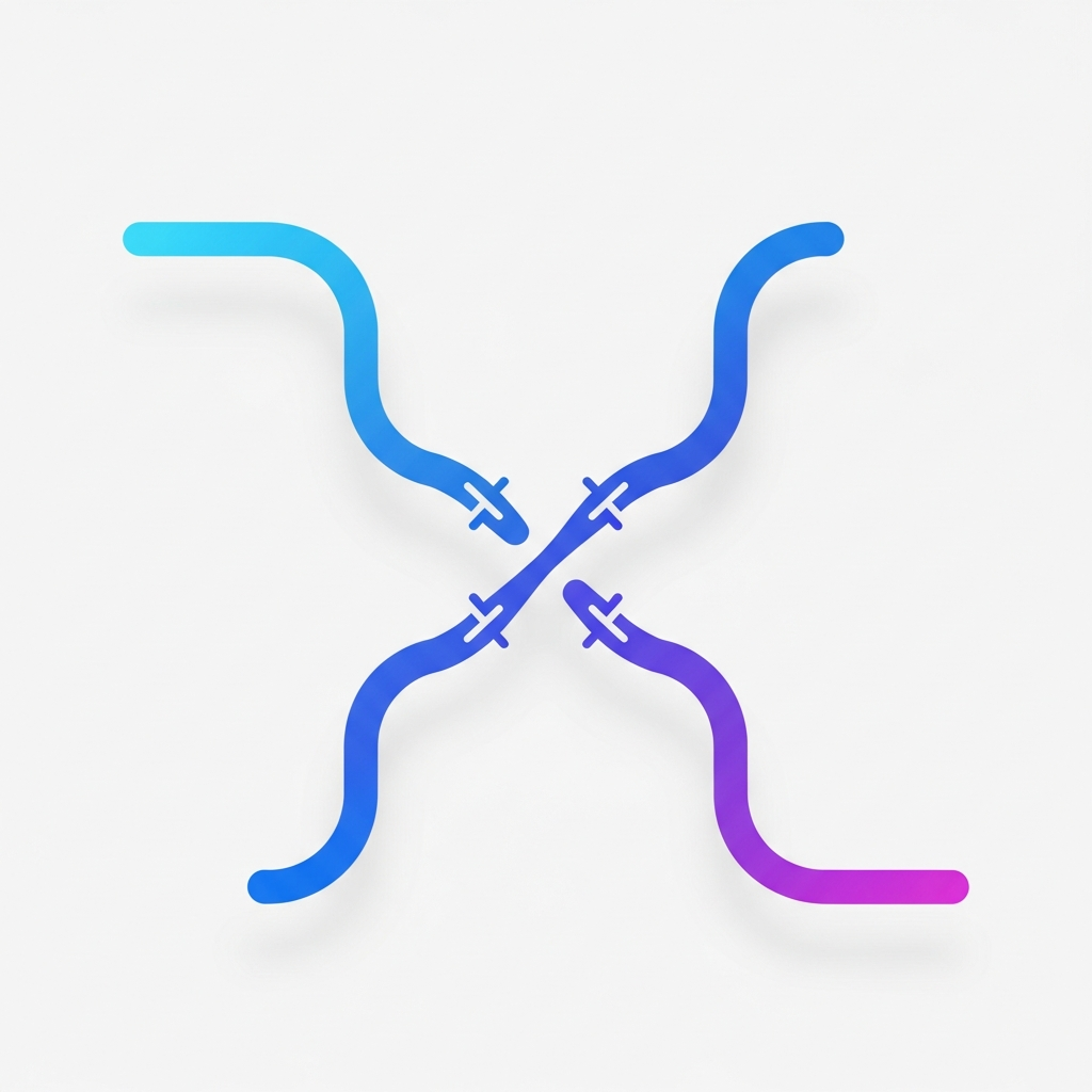 A clean, modern diagram showing two parallel code branches diverging from a main branch, with conflict markers where they intersect when trying to merge back together. Abstract geometric representation of git branches with flowing lines in blue and purple gradients, showing divergence and attempted convergence. Minimalist tech illustration style with soft shadows and depth.