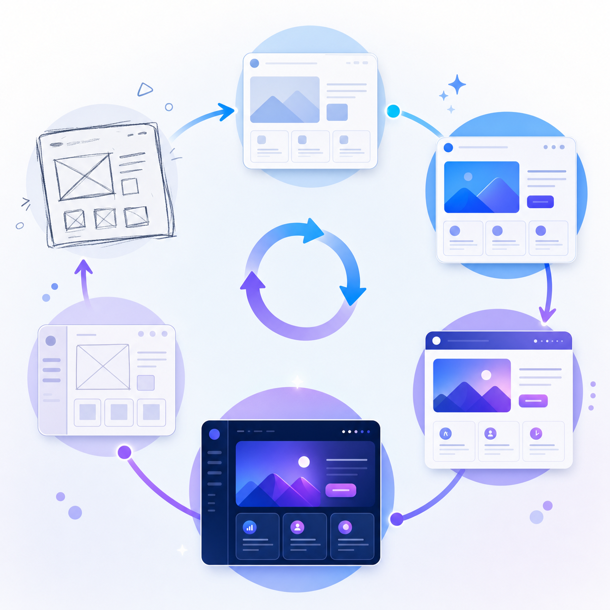 A modern, clean illustration showing an iterative design refinement cycle. Visualize a circular workflow with abstract UI screens or interface elements evolving through multiple stages, getting progressively more refined. Show transformation from rough concept to polished interface using flowing arrows or connected nodes. Use a bright, optimistic color palette with blues and purples. The illustration should convey continuous improvement and rapid iteration cycles in a product design context. Abstract and conceptual style, no specific product details.