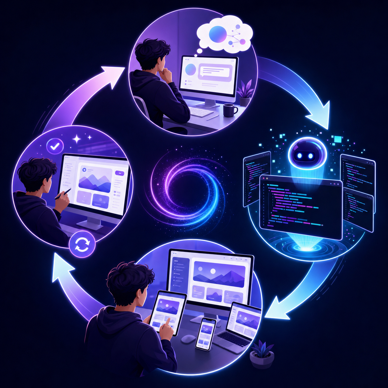 A circular workflow diagram showing the vibe coding development cycle: a person at a computer describing their idea in plain language, an AI system generating code displayed on screens, the person reviewing and testing interactive prototypes on multiple devices, and arrows connecting back to refine the prompt and iterate again. Modern, clean illustration style with a tech-forward aesthetic, showing momentum and speed through dynamic curved arrows. Use purple and blue gradient colors with white accents.