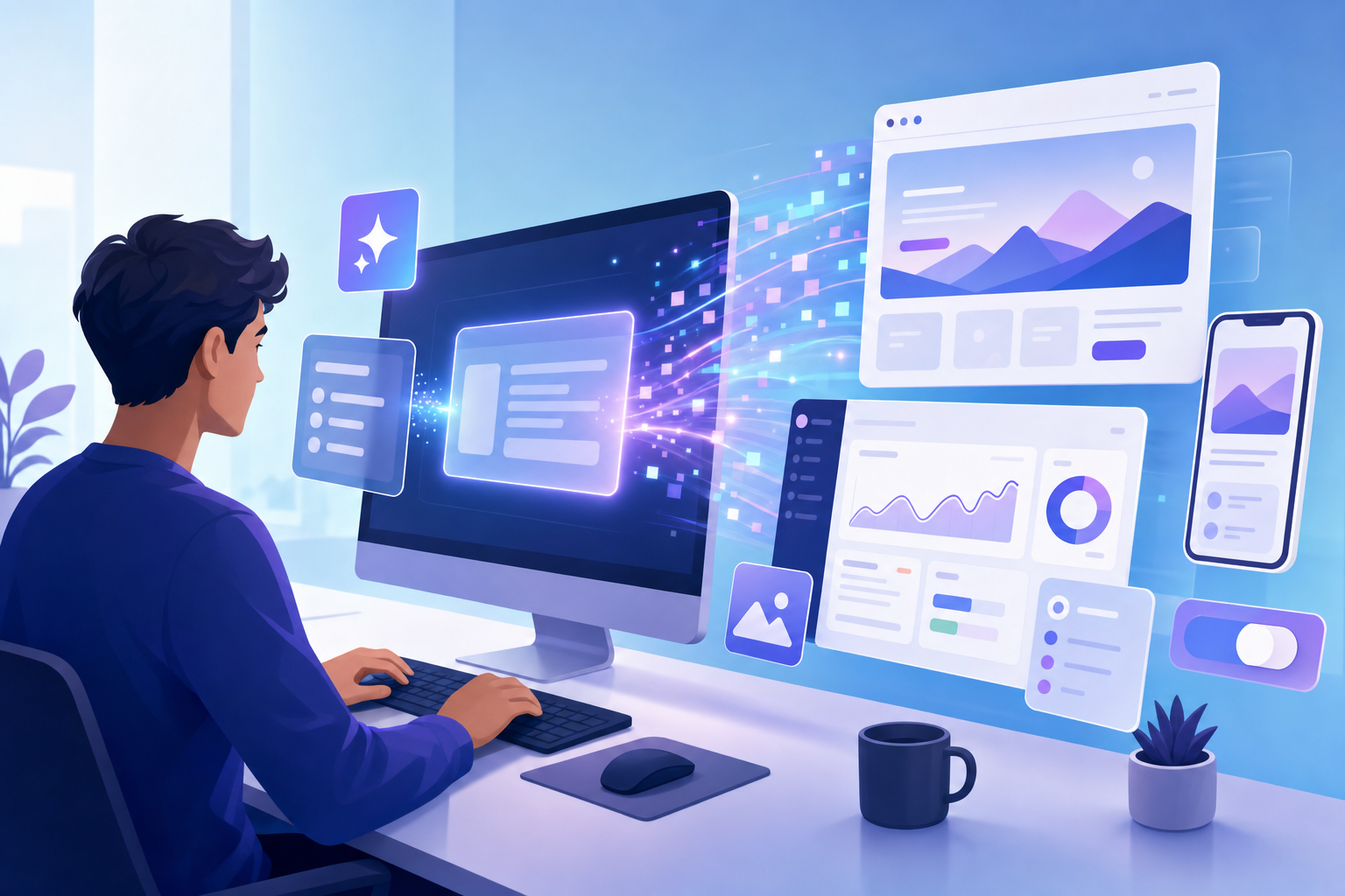 A modern, clean illustration showing the AI prototyping workflow: a person typing at a computer with floating UI elements and interface components materializing from the screen, transforming from simple text input into polished, interactive web application screens. The scene should convey speed and transformation, with a bright, optimistic color palette featuring blues and purples. Style should be minimal, professional, and tech-forward with soft gradients and geometric shapes.