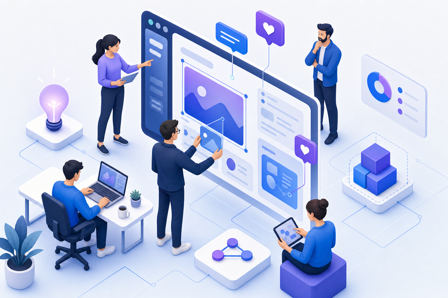 Modern collaborative product development workflow illustration showing multiple team members around a digital interface with feedback bubbles and interactive elements, clean minimalist style with blue and purple gradient accents, isometric perspective, professional technology aesthetic