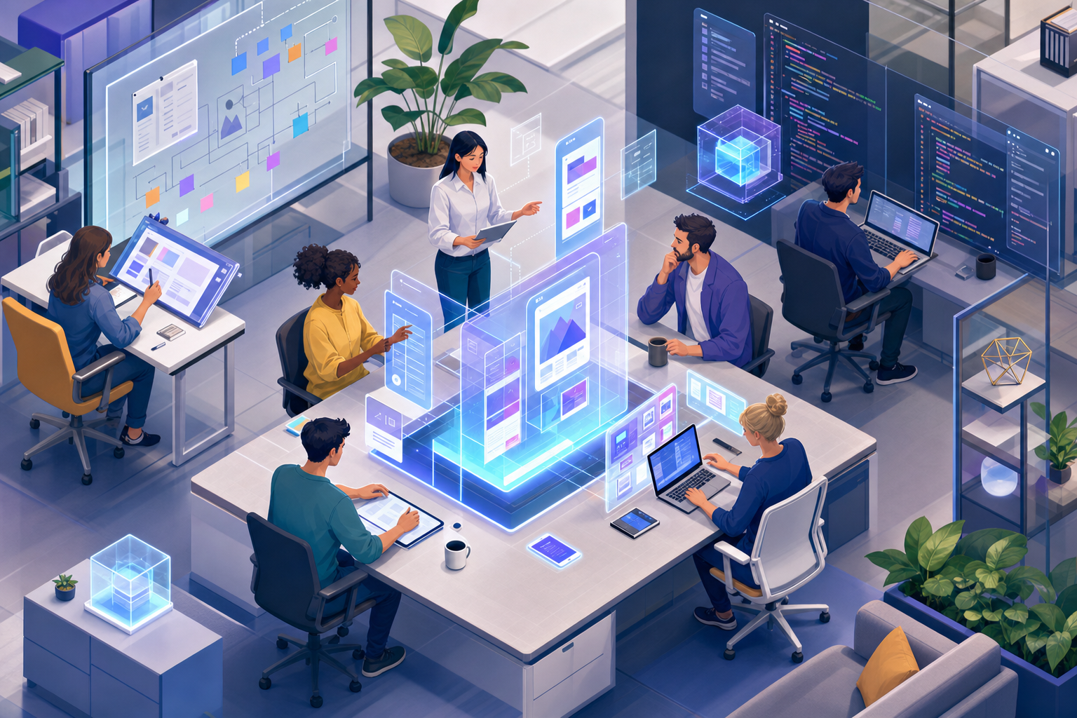 Modern product development team collaborating around a digital workspace, showing product managers, designers, and engineers working together on interactive prototypes and sandboxes, with floating holographic interface elements displaying code changes and design iterations, clean tech aesthetic, bright collaborative atmosphere, isometric view, professional illustration style