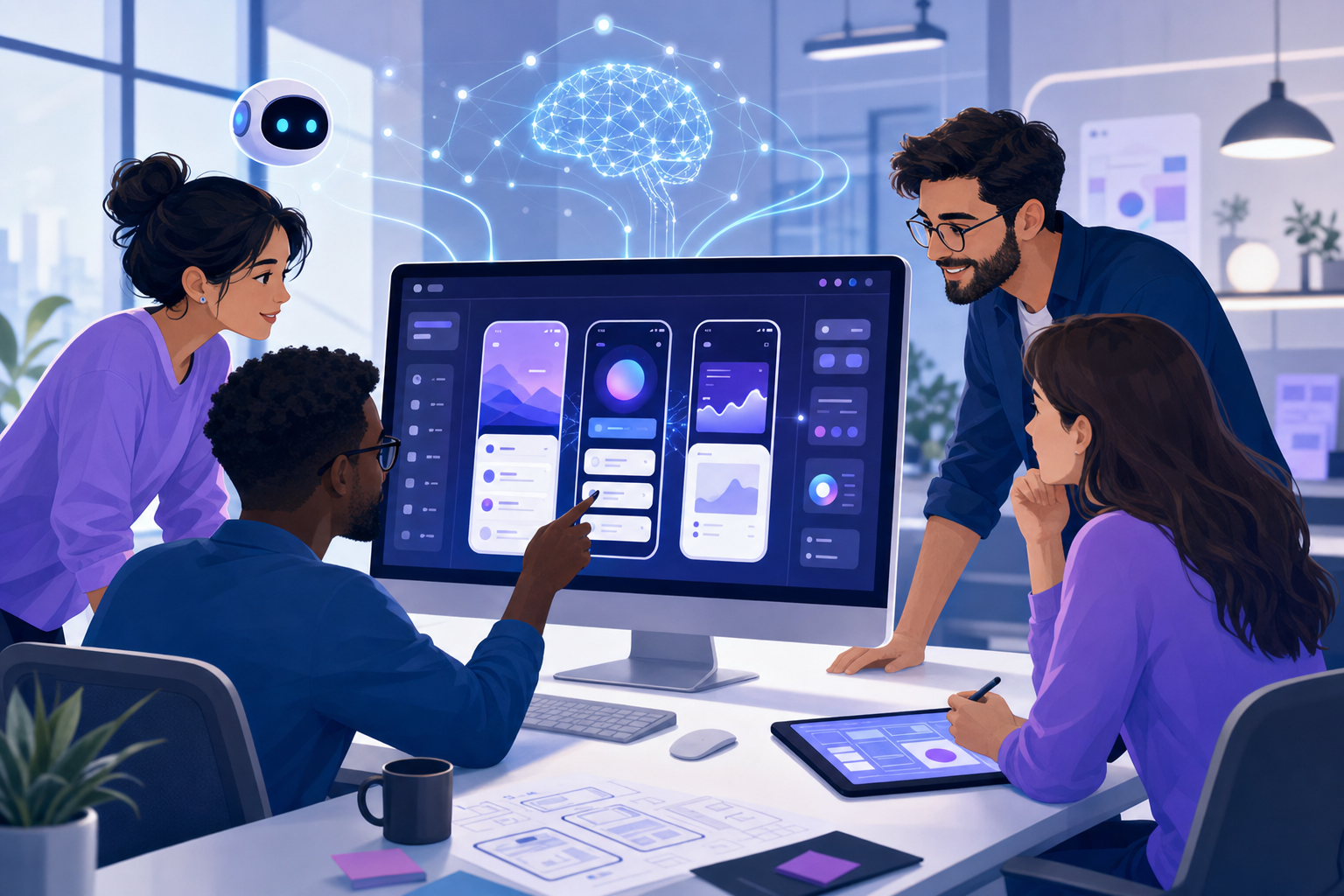A modern, clean illustration showing a startup team collaborating on product prototypes using AI technology. Show diverse team members gathered around a sleek computer screen displaying an interactive mobile app interface with modern UI elements. The scene should convey innovation, speed, and efficiency with a bright, optimistic color palette featuring blues and purples. Include subtle visual elements suggesting AI assistance like glowing nodes or smart connections. Professional, minimal style with a focus on the technology and teamwork.