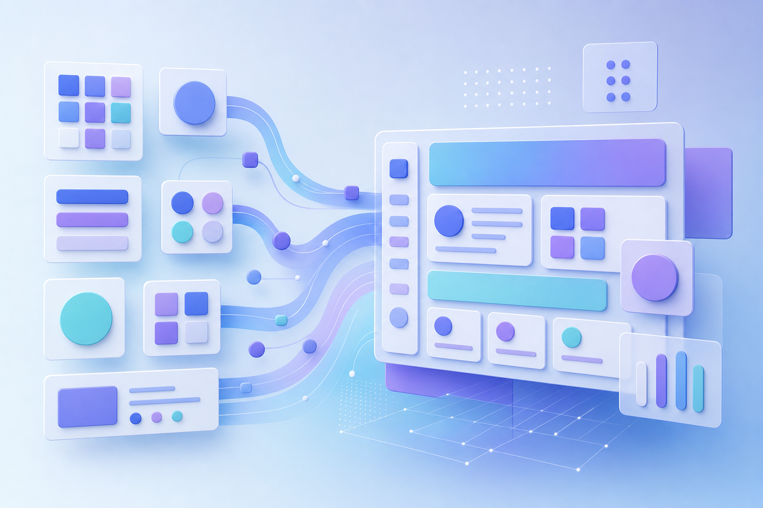 Abstract visualization of design system components flowing and connecting together, showing UI building blocks like squares, circles, and rectangles in organized grid patterns. Modern gradient colors with blues and purples, clean geometric shapes, professional software aesthetic, floating elements with subtle shadows, no text or letters.