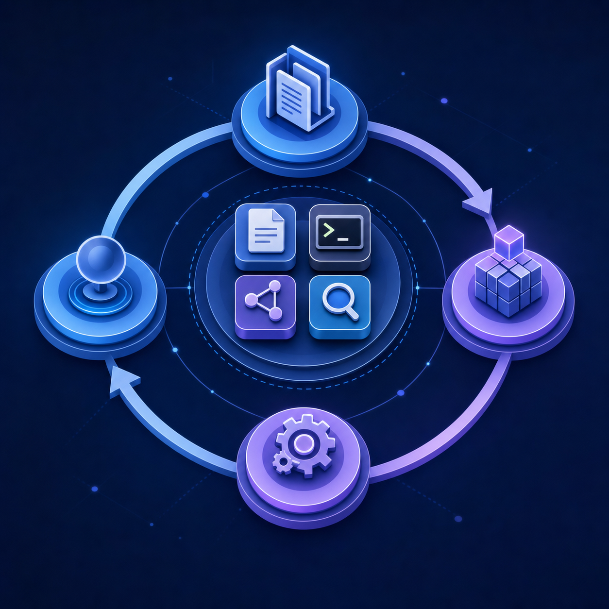 A clean, modern technical diagram showing a cloud agent execution loop. Circular workflow with four connected nodes representing: read context, select tool, execute action, observe result. In the center, icons representing the core tools: file system (document icon), terminal shell (command prompt icon), API endpoints (connection nodes), and search/retrieval (magnifying glass icon). Cool blue and purple gradient color scheme, minimalist geometric style, isometric perspective, professional tech illustration.