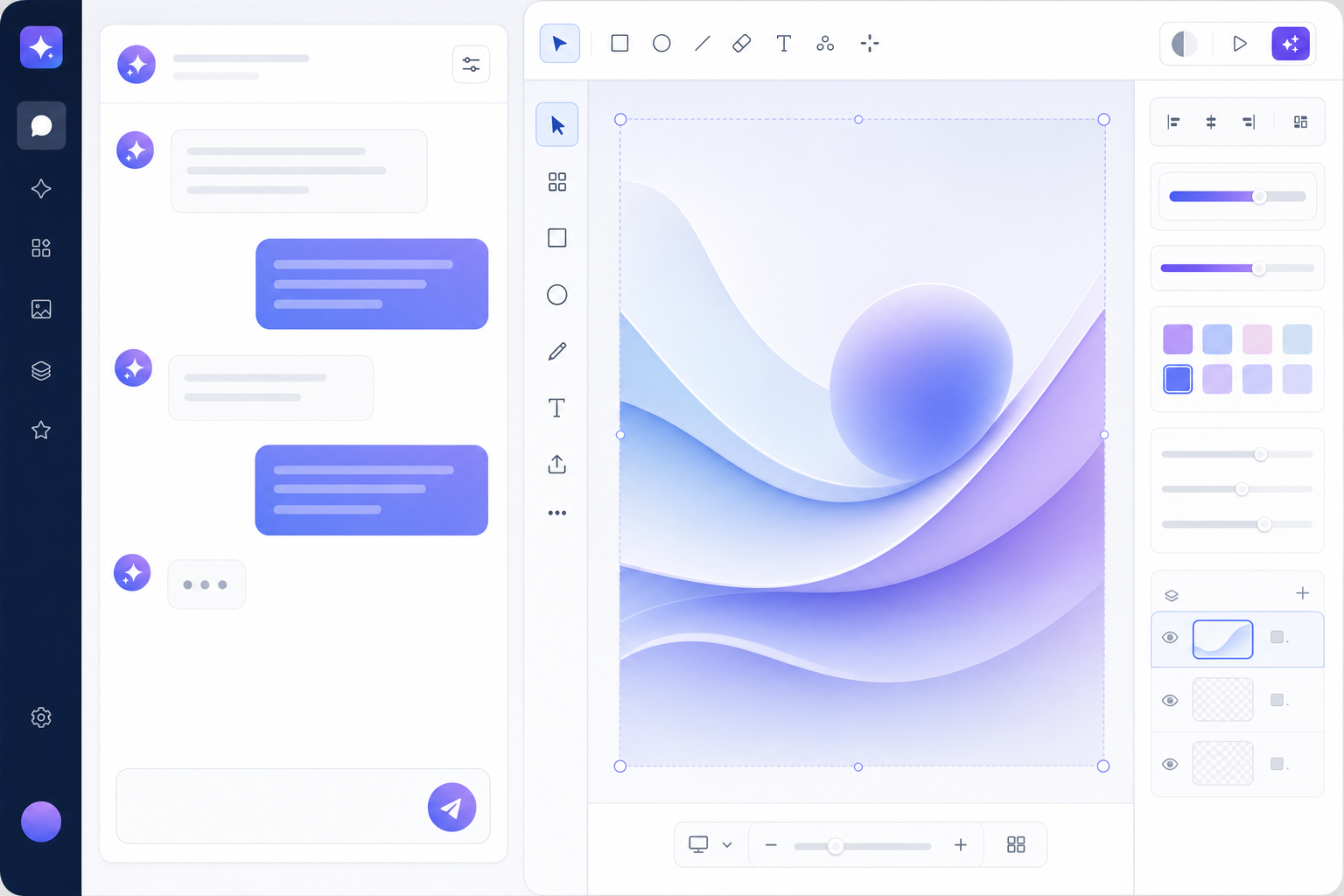 Clean modern workspace interface with split screen layout, chat interface on left, design canvas on right, minimalist controls, blue and purple color scheme, professional software interface aesthetic