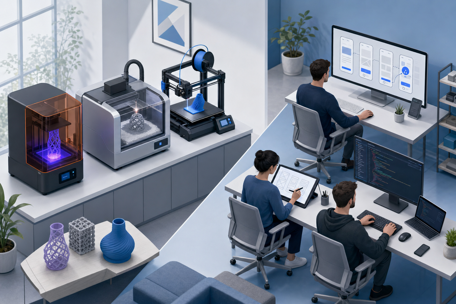 A modern, clean illustration showing various rapid prototyping technologies side by side. On the left side, show 3D printing methods: a stereolithography machine with UV light curing resin, a selective laser sintering machine with powder fusion, and an FDM printer extruding filament layers. On the right side, show digital prototyping: a designer working on wireframes on a tablet, interactive mockups on a computer screen with clickable elements, and a developer using a code editor. The scene should be in a bright, modern workspace with a minimalist aesthetic. Professional color palette with blues, grays, and whites. Isometric or slightly elevated perspective to show all technologies clearly. No text or labels.