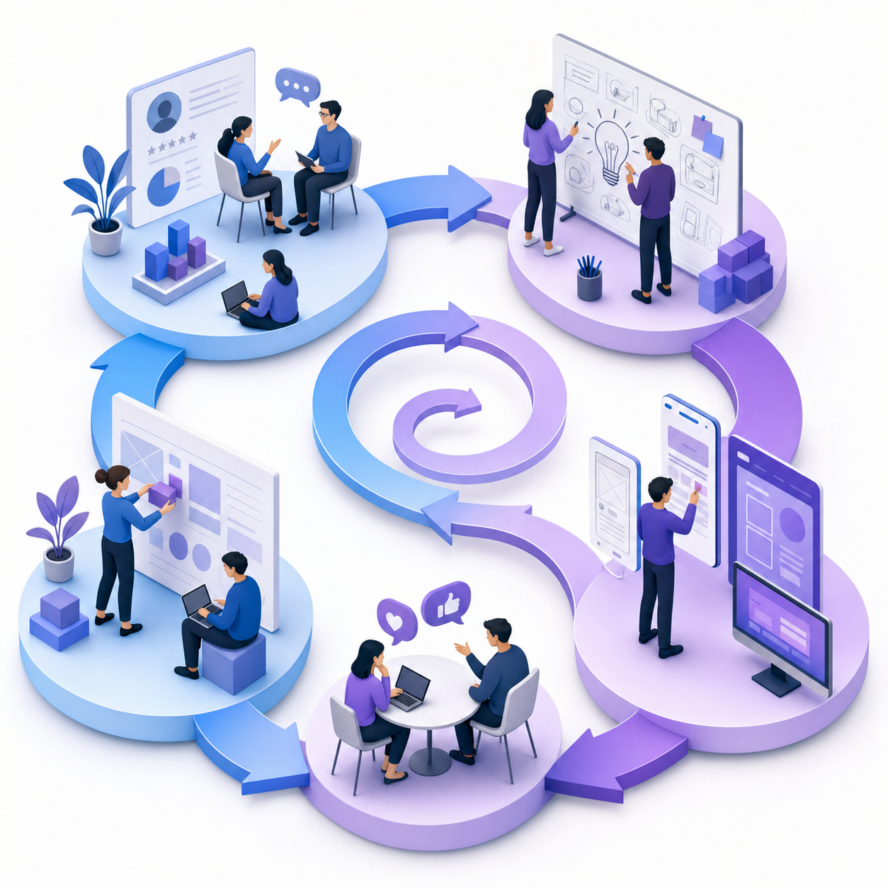 A modern, clean illustration showing the product design process cycle with interconnected phases: research with user interviews and data analysis, conceptualization with sketching and ideation, prototyping with wireframes and mockups, testing with users providing feedback, and iteration with refinement loops. Use a circular or spiral flow to show how the process loops back. Professional, minimalist style with soft gradients in blue and purple tones, isometric perspective, showing designers collaborating around these phases.