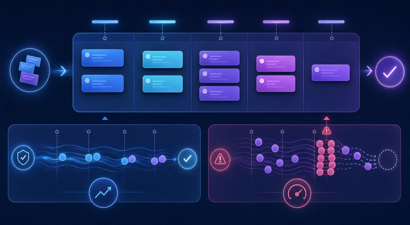 A clean, modern illustration showing a workflow pipeline with work-in-progress limits. Visualize a kanban-style board or pipeline with cards flowing through different stages, with some stages showing a cap or limit on items. Use a tech-forward color palette with blues and purples. Show the concept of controlled flow versus overflow, with one side showing organized, limited work items moving smoothly, and subtle visual cues suggesting bottleneck prevention. Minimalist, geometric style with a professional and optimistic feel. No text or letters.