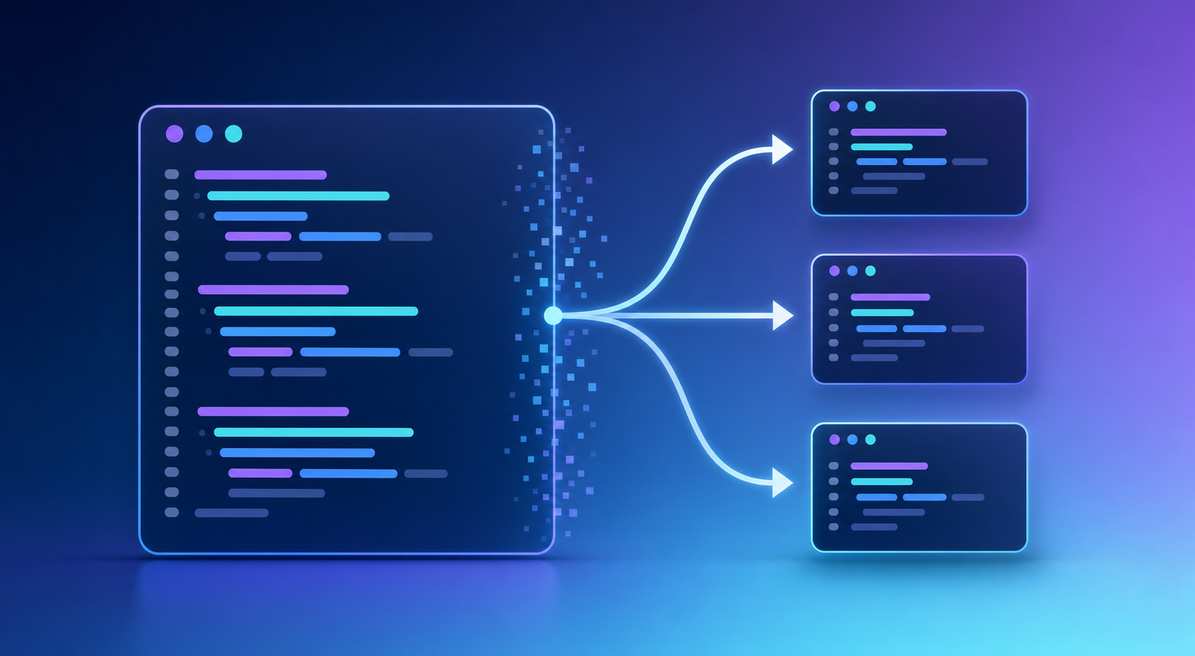 A clean, modern illustration showing the concept of breaking large code changes into smaller pieces. Visualize a large code block or document being divided into three smaller, manageable chunks. Use a tech-forward color palette with blues and purples. The image should convey organization, efficiency, and clarity through geometric shapes or abstract representations of code being decomposed into focused units. Minimalist style with a professional, optimistic feel.