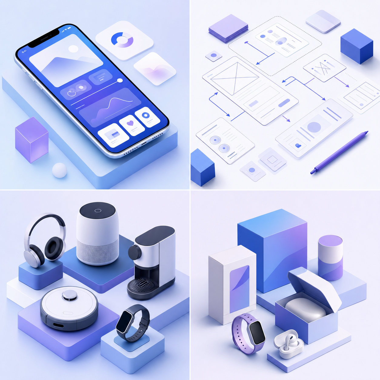 A modern, clean illustration showing four distinct types of product design in a grid layout: digital product design showing a sleek mobile app interface on a smartphone, UX/UI design showing wireframe sketches and user flow diagrams, industrial design showing consumer electronics and appliances, and physical product design showing packaging and wearable products. Professional, minimalist style with soft gradients in blue and purple tones, isometric perspective, clean and organized composition.