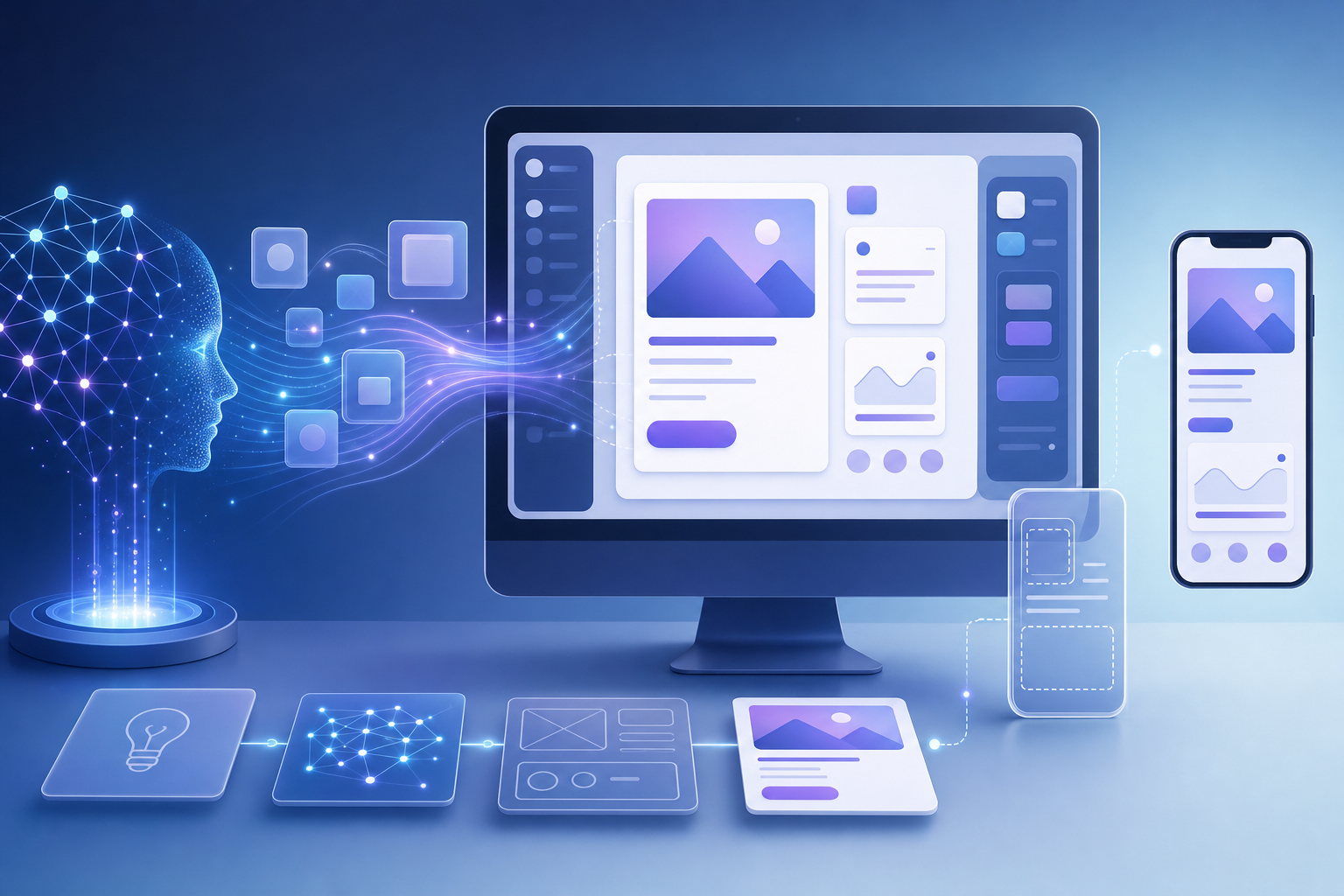 A modern, clean illustration of AI-powered prototyping workflow: a computer screen displaying a user interface mockup being generated from abstract AI elements like neural network patterns and glowing nodes. The scene should show the transformation from concept to interactive prototype, with smooth gradients in blues and purples, representing the automated design process. Professional, minimal style with no text or letters.