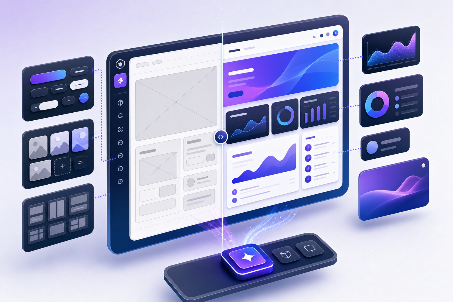 Modern AI-powered prototyping interface showing multiple design system components like buttons, cards, and navigation elements being assembled into a high-fidelity user interface, split screen comparison showing generic wireframe versus polished product-accurate prototype, clean tech aesthetic with purple and blue gradient accents, isometric view, professional SaaS product design style