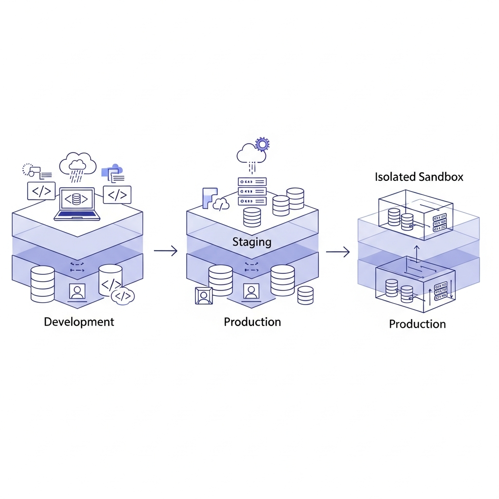 A clean technical diagram illustrating different software testing environments: development, staging, and isolated sandboxes. Show three distinct environments as layered boxes or containers. Development environment on the left with a laptop icon and code symbols, staging environment in the center mirroring production with server icons and database symbols, and multiple isolated sandbox instances on the right shown as smaller contained boxes running in parallel. Use arrows to show the progression from development to staging to production. Include visual indicators like cloud icons, database cylinders, and user icons. Modern, minimalist style with blue and purple accent colors, clean lines, and professional software engineering aesthetic.