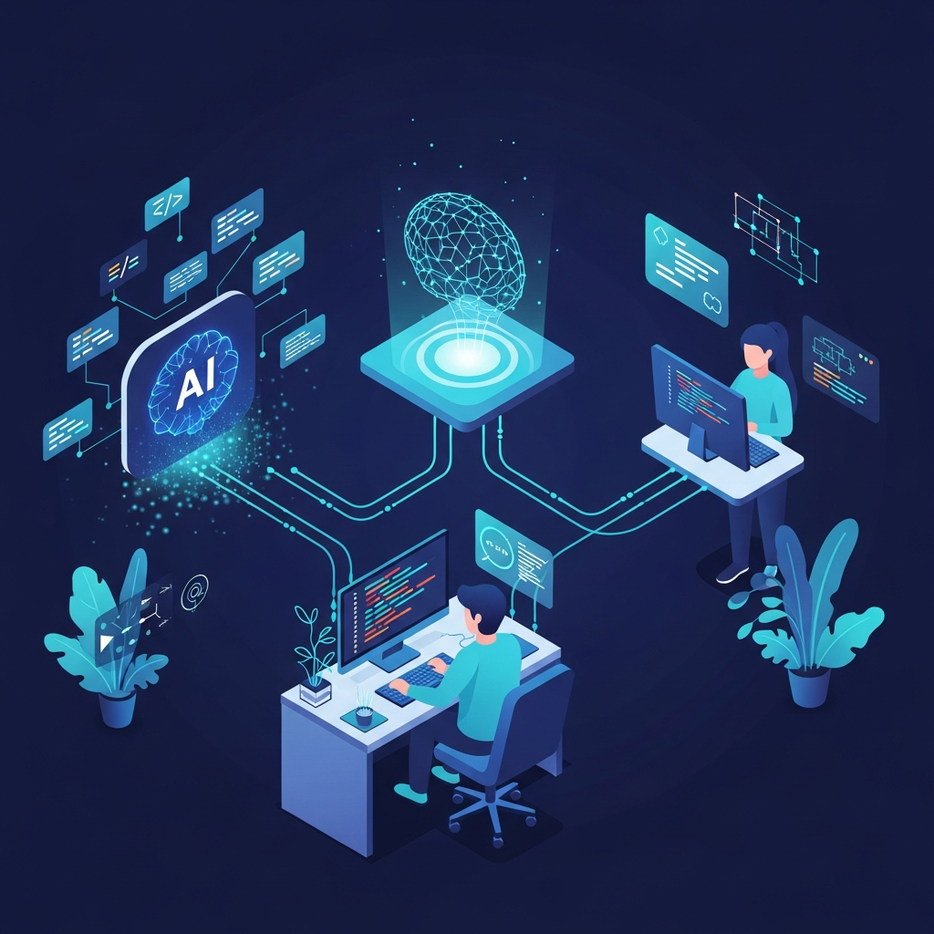 A modern illustration showing the three-way collaboration model in AI-assisted coding: a developer at a computer in the center, with an AI assistant icon (represented by a glowing neural network or brain symbol) on one side and another human developer on the other side, all connected by flowing data streams or communication lines. The AI handles code snippets and patterns (shown as floating code blocks), while the human developers focus on architecture diagrams and decision-making. Use a tech-forward color palette with blues, purples, and teals. Clean, professional, isometric or flat design style with a futuristic feel.