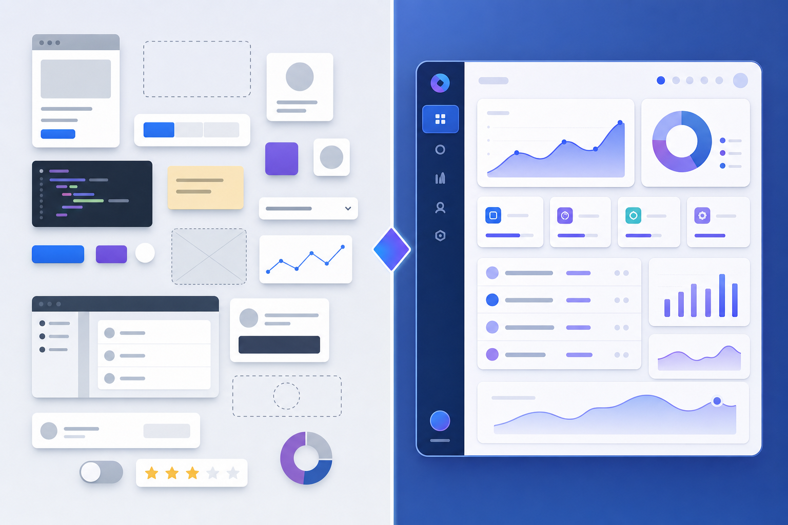 A split-screen comparison illustration showing two contrasting prototyping approaches. Left side: a disconnected, generic prototype with mismatched UI components, stock buttons, and placeholder elements floating in isolation, appearing fragmented and incomplete. Right side: a cohesive, polished product interface with consistent design system components, perfectly aligned elements, and professional styling. Use a modern tech aesthetic with blues and purples. Clean, minimal style with geometric shapes. The contrast should clearly show the difference between generic mockups versus production-ready designs. No text or letters.