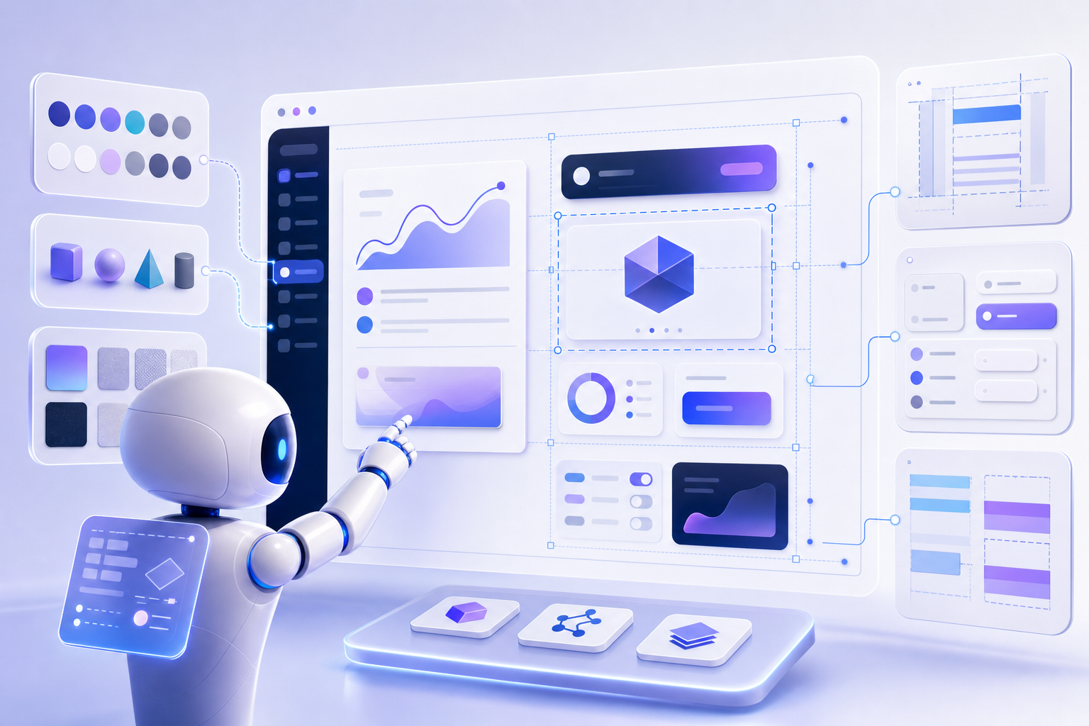 A modern, sleek interface showing an AI agent working on a product design in real-time, with visual indicators of design tokens, component libraries, and spacing systems being automatically applied. The scene shows a clean dashboard with multiple UI components being assembled, design system elements floating in an organized pattern, and a sense of automated precision. Use a professional color palette with blues, purples, and whites. No text or letters should appear in the image.