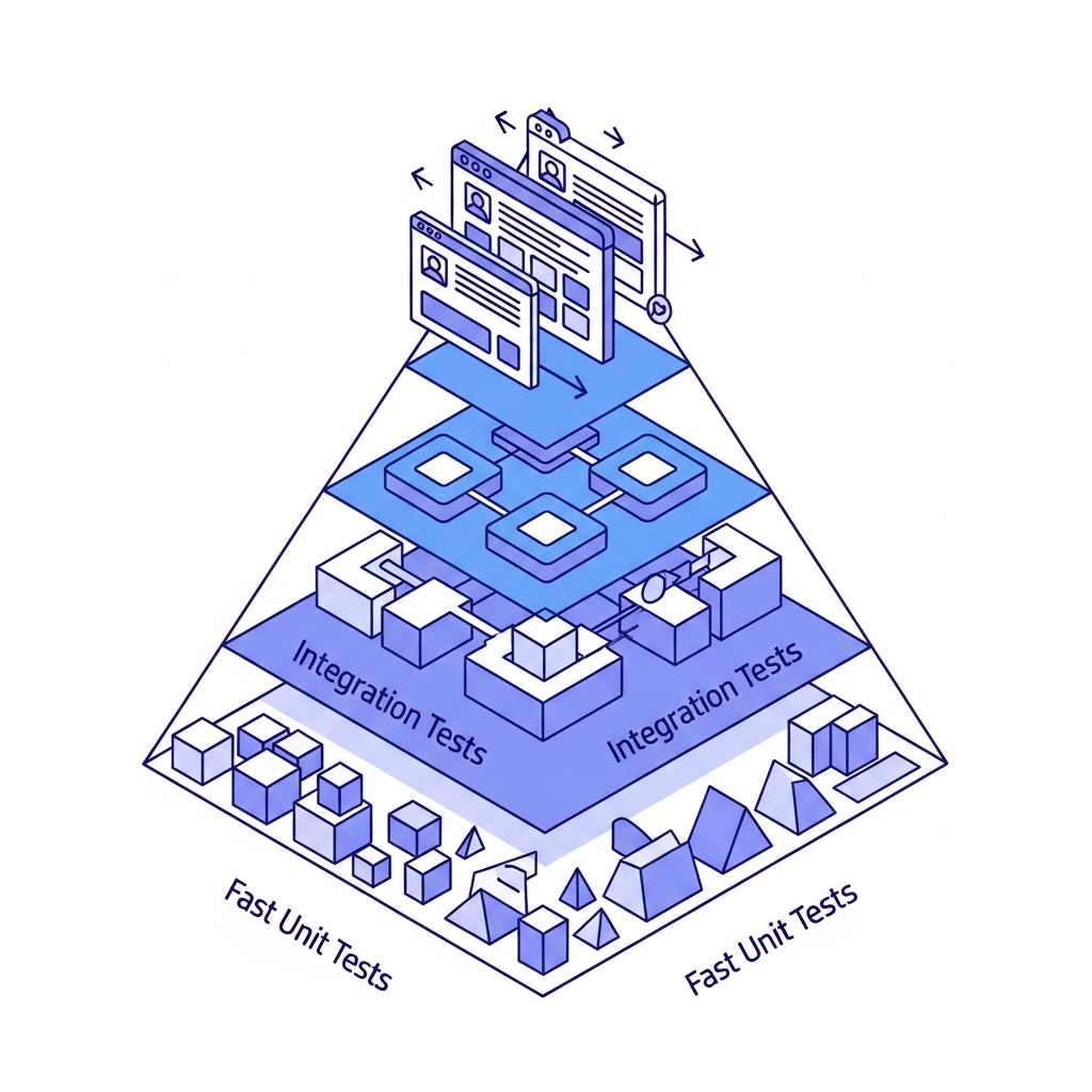 A pyramid or layered diagram showing software testing hierarchy with distinct levels. Bottom layer shows fast unit tests represented by small geometric shapes, middle layer shows integration tests with connected components, top layer shows end-to-end tests with complete user flow representations. Clean, modern technical illustration with bright blues and purples, minimalist geometric style, isometric perspective showing progression from simple to complex testing levels.