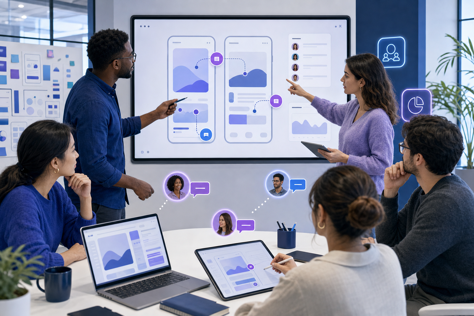 A modern collaborative workspace showing multiple team members reviewing a product prototype together, with visible UI elements on screens, comment indicators, and stakeholder feedback flowing between people. The scene should convey seamless team collaboration and real-time feedback on product designs. Use a clean, professional color palette with blues, purples, and whites. No text or letters should appear in the image.