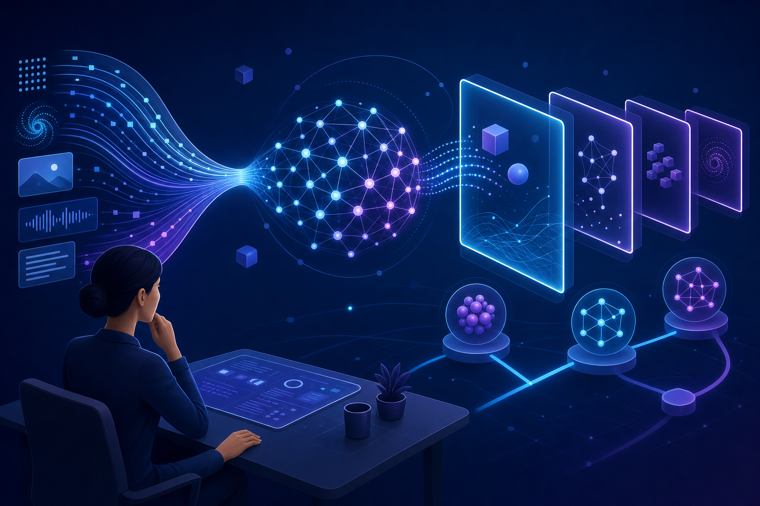 A modern, clean illustration showing AI concepts for product managers: a neural network visualization with flowing data streams, context windows represented as glowing frames, and interconnected nodes symbolizing language models processing information. Use a professional tech aesthetic with blue and purple gradients, abstract geometric shapes, and a sense of structured information flow. No text or letters.