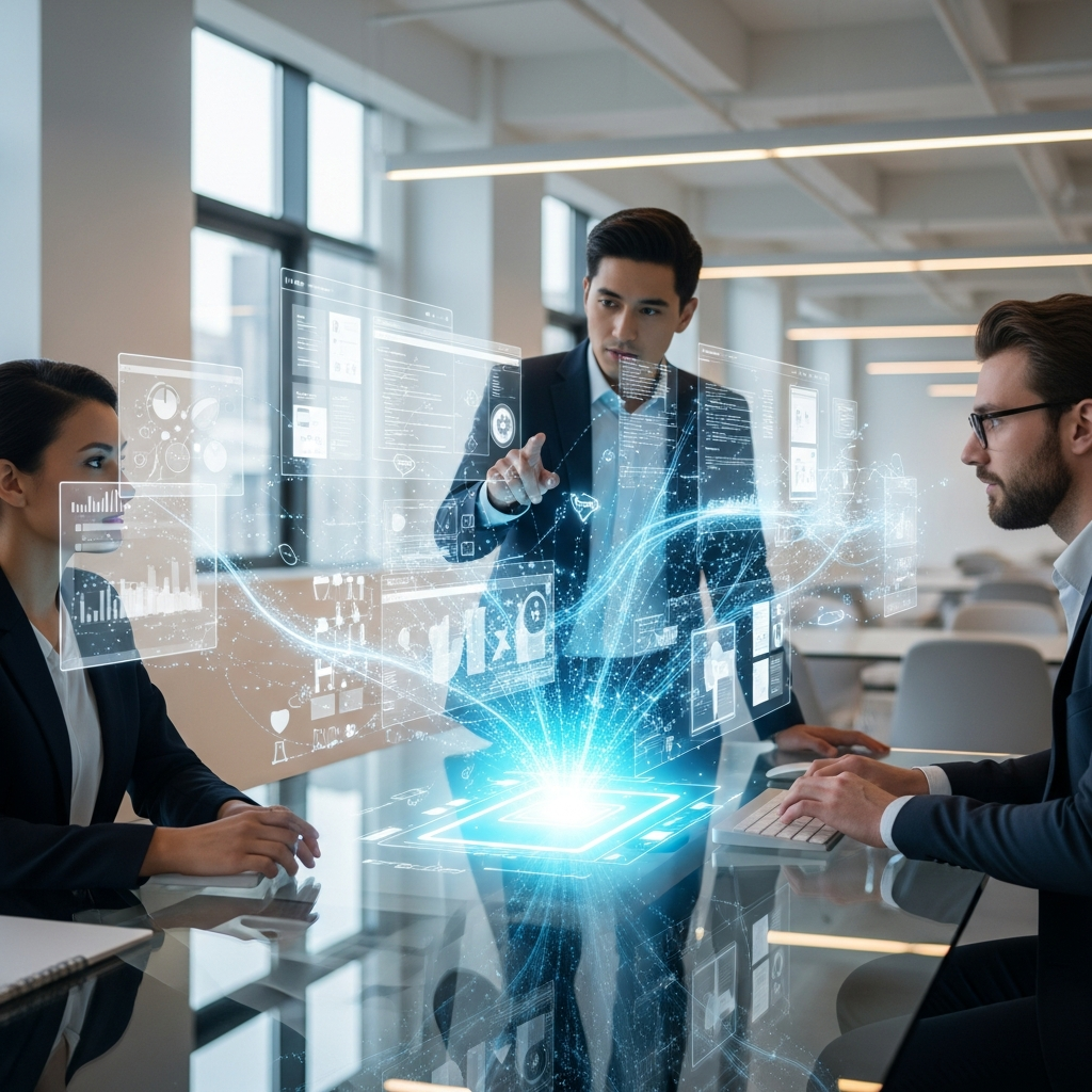 A modern collaborative workspace showing three diverse professionals working together around a glowing holographic product interface display, with flowing connections between design mockups, code elements, and product screens floating in the air between them, bright optimistic lighting, clean tech aesthetic, professional business setting, digital collaboration visualization
