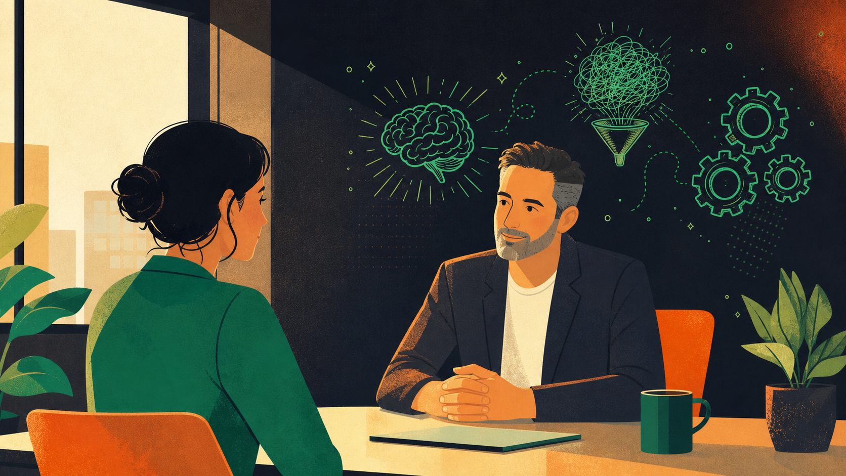 A senior leader and an employee having a focused one-on-one conversation in a modern office meeting room, warm and approachable atmosphere, the leader is listening attentively with an open posture, natural light, professional setting, flat illustration style