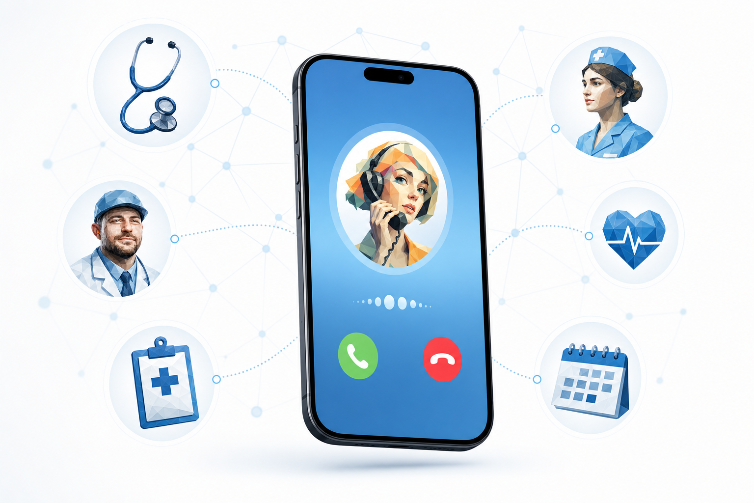 Smartphone showing an incoming AI screening call with healthcare role icons representing automated candidate outreach